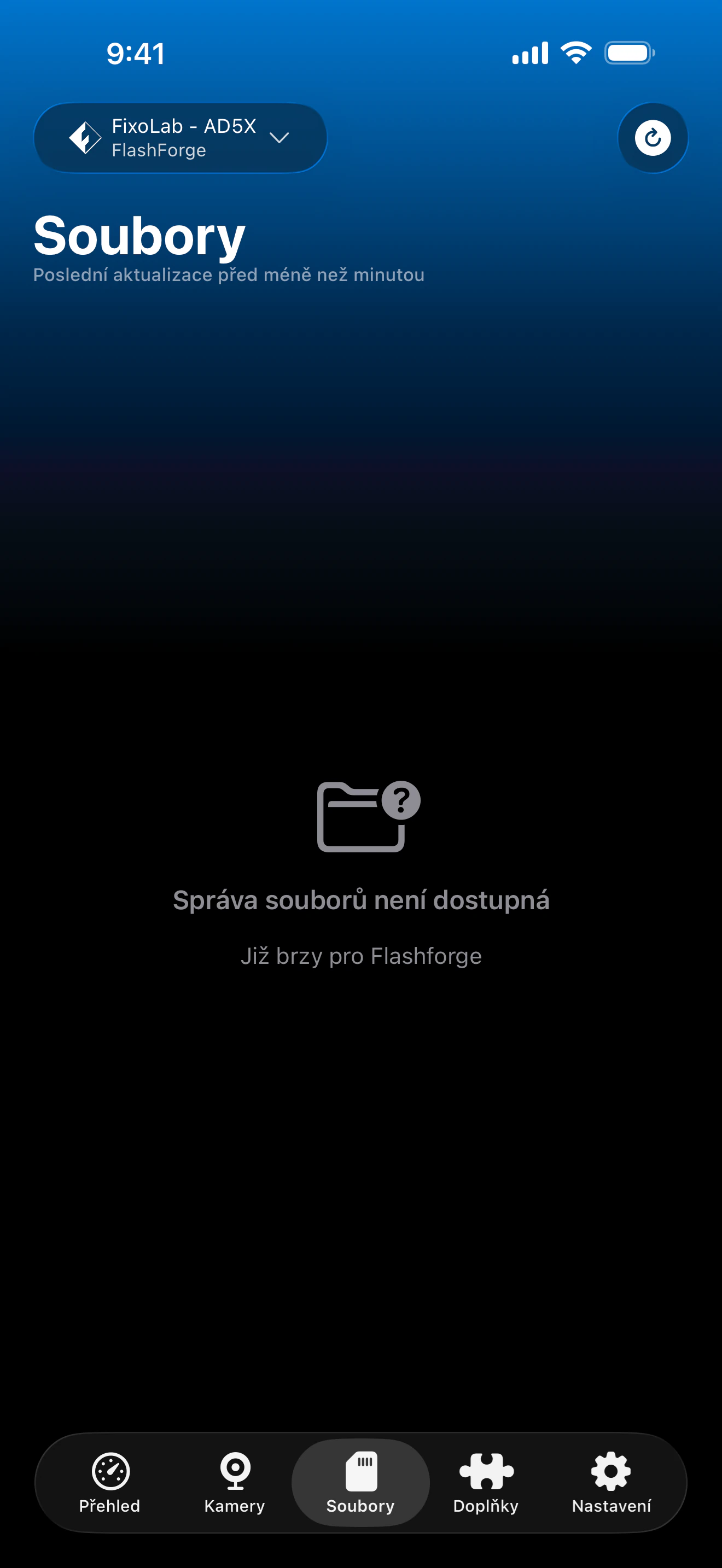 Stav správy souborů Flashforge v Printer Tools