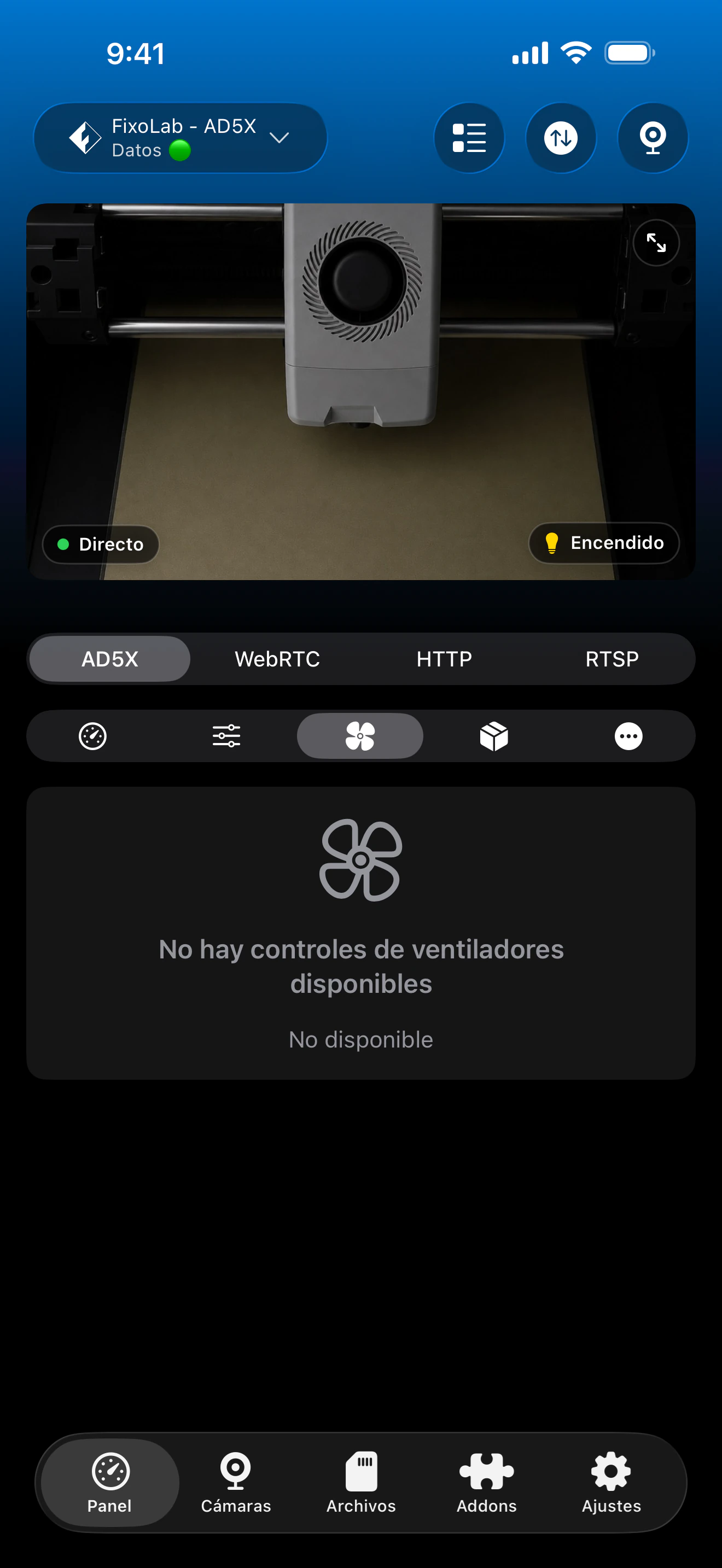 Controles de ventiladores Flashforge en Printer Tools