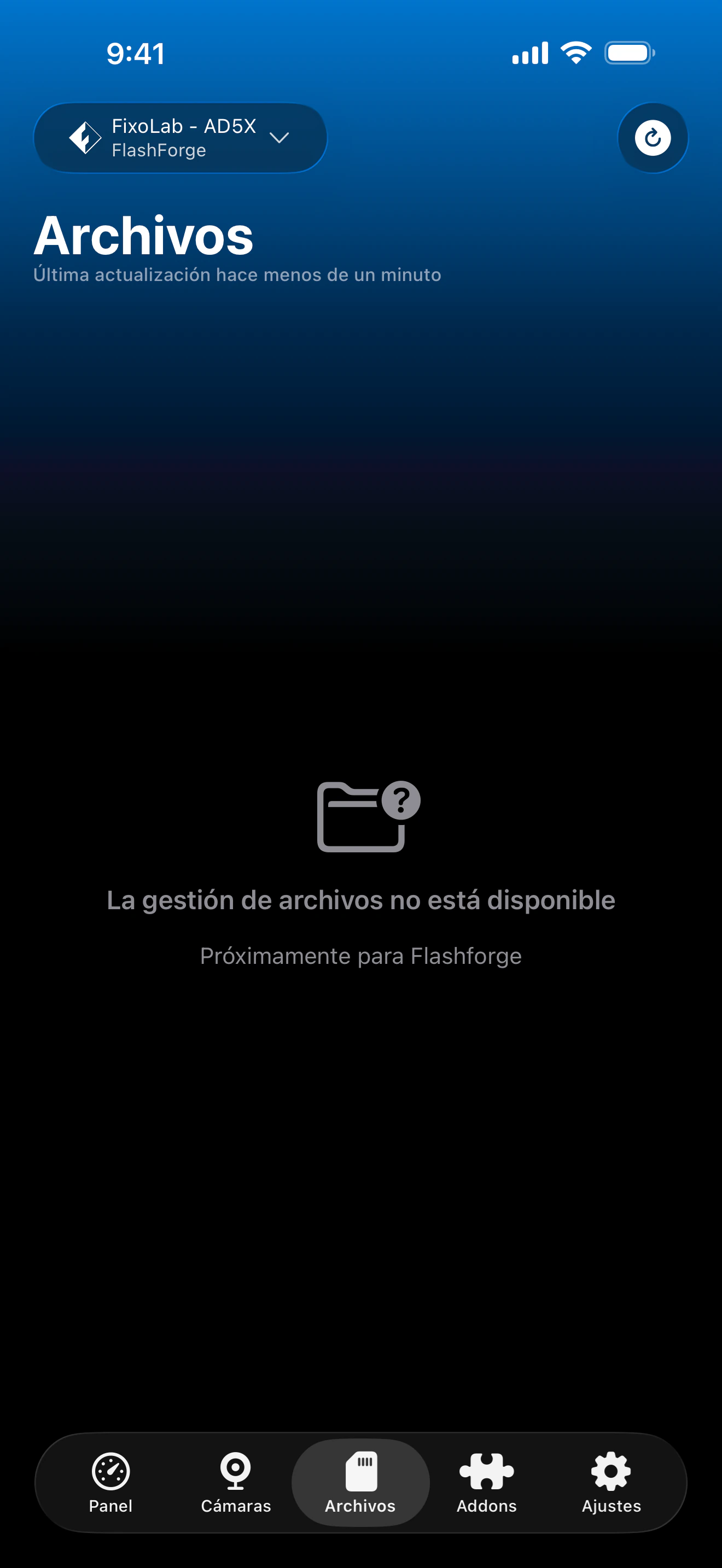 Estado de gestión de archivos Flashforge en Printer Tools