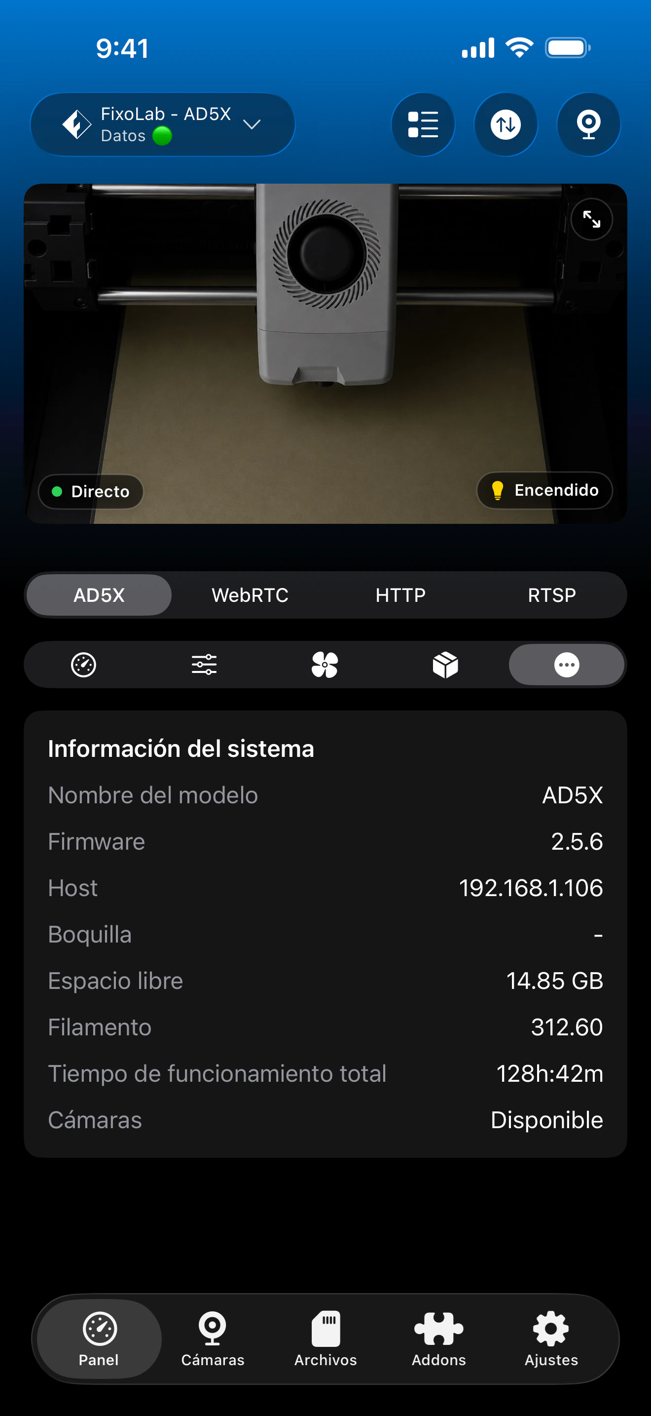 Panel de información adicional Flashforge en Printer Tools