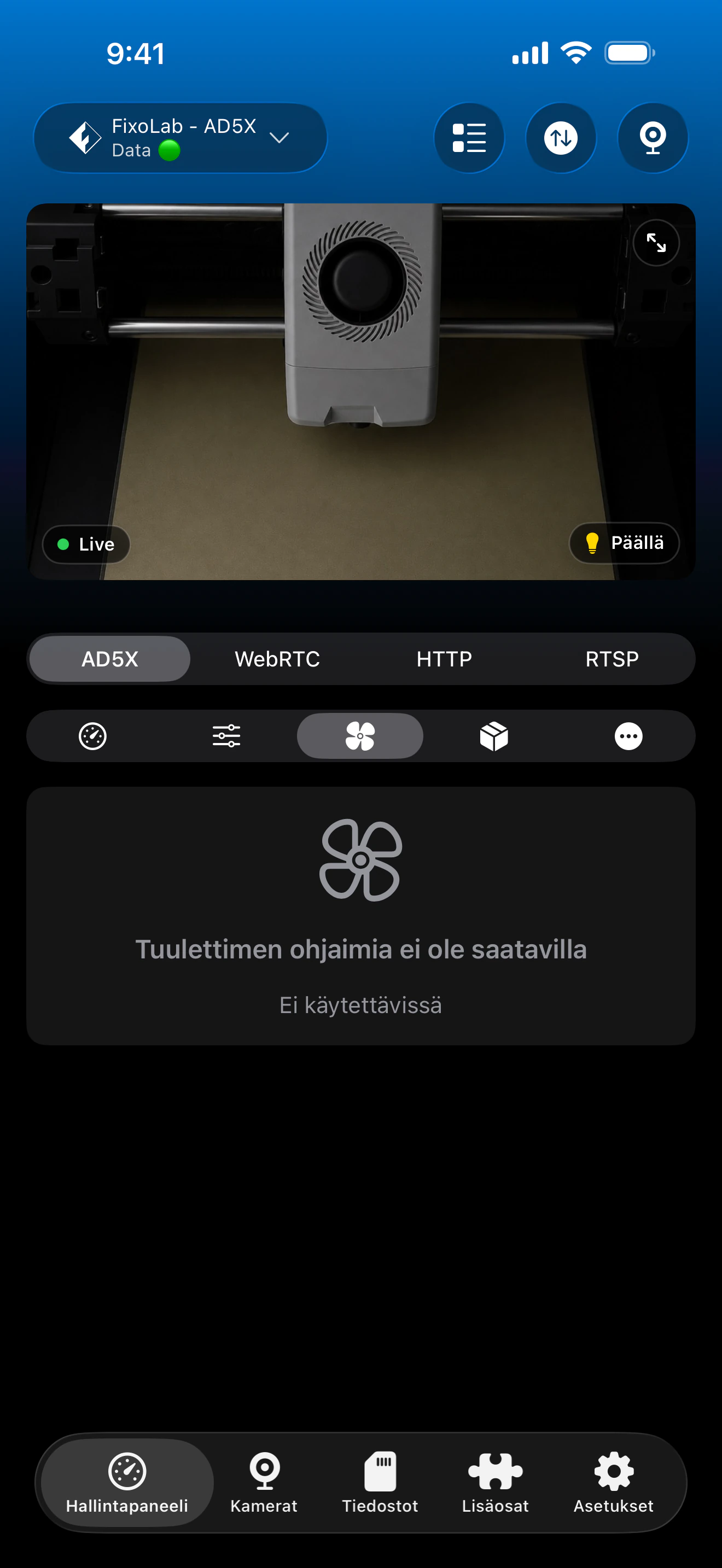 Flashforge-tuulettimien hallinta Printer Toolsissa