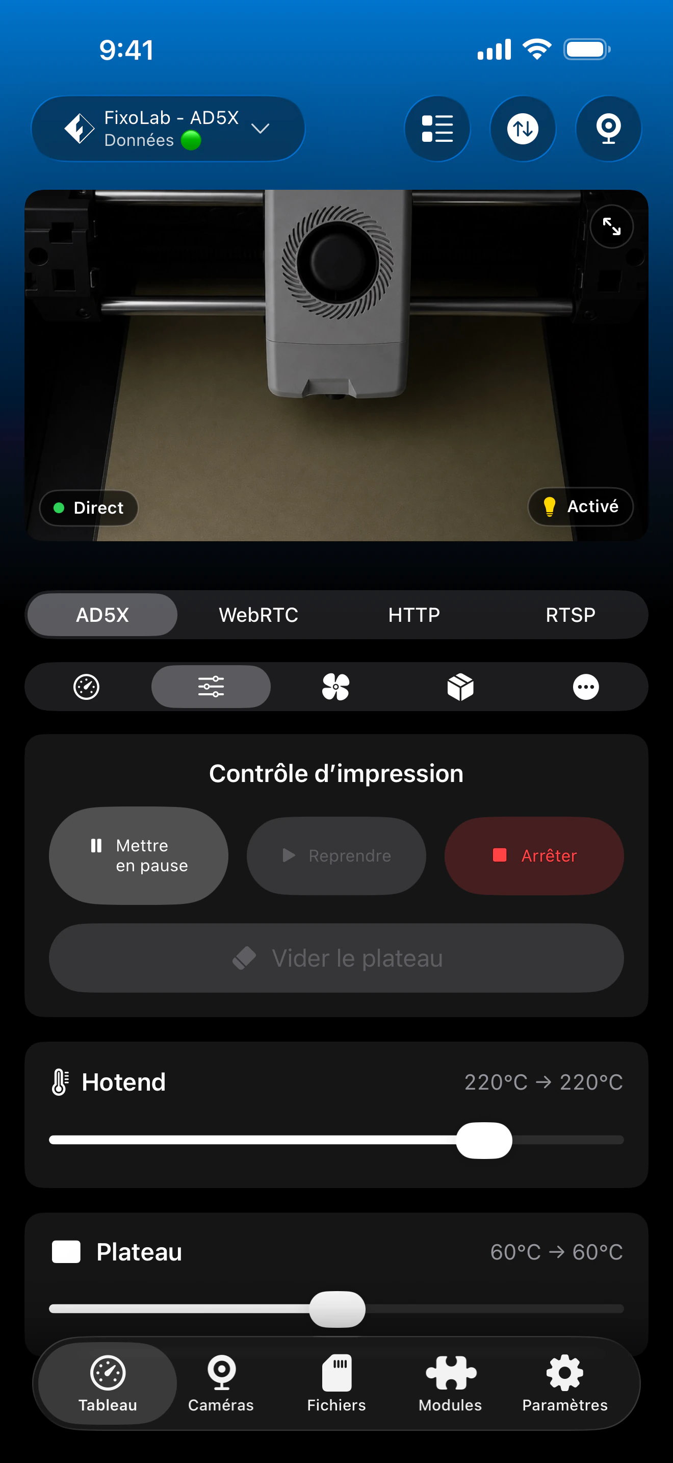 Contrôle d'impression Flashforge dans Printer Tools