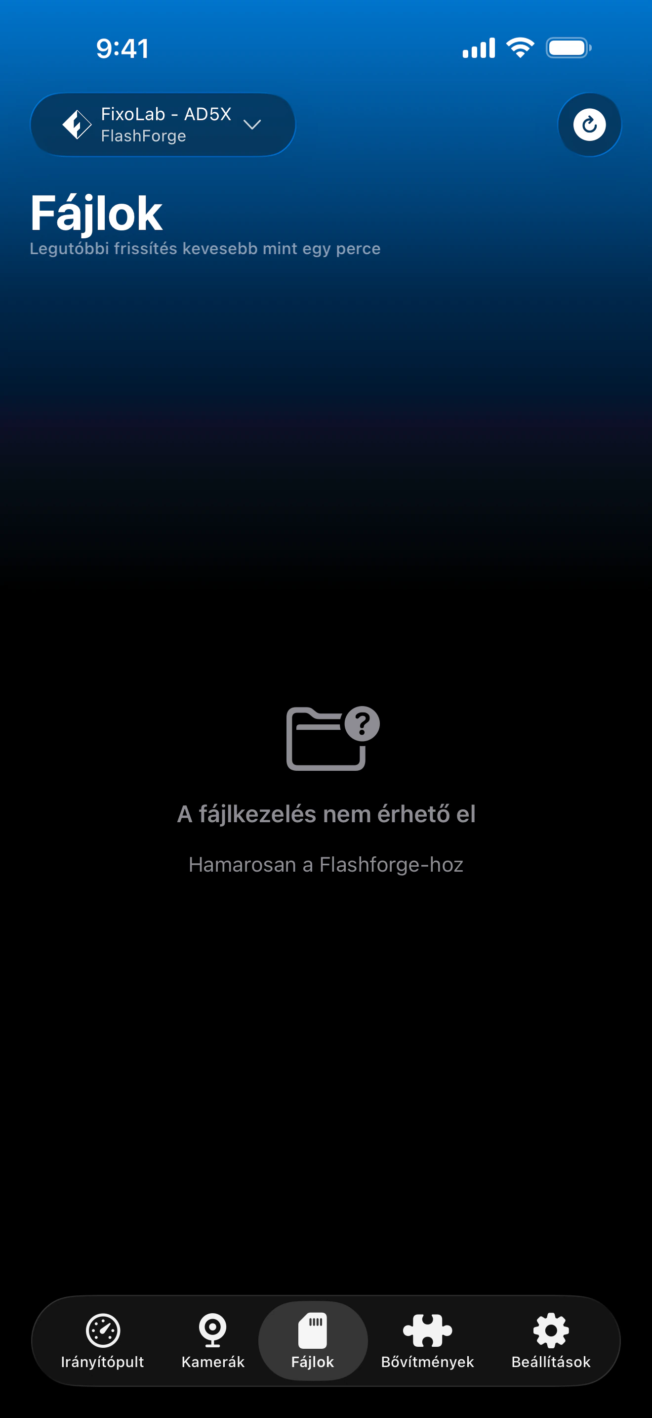 Flashforge fájlkezelési állapot a Printer Toolsban