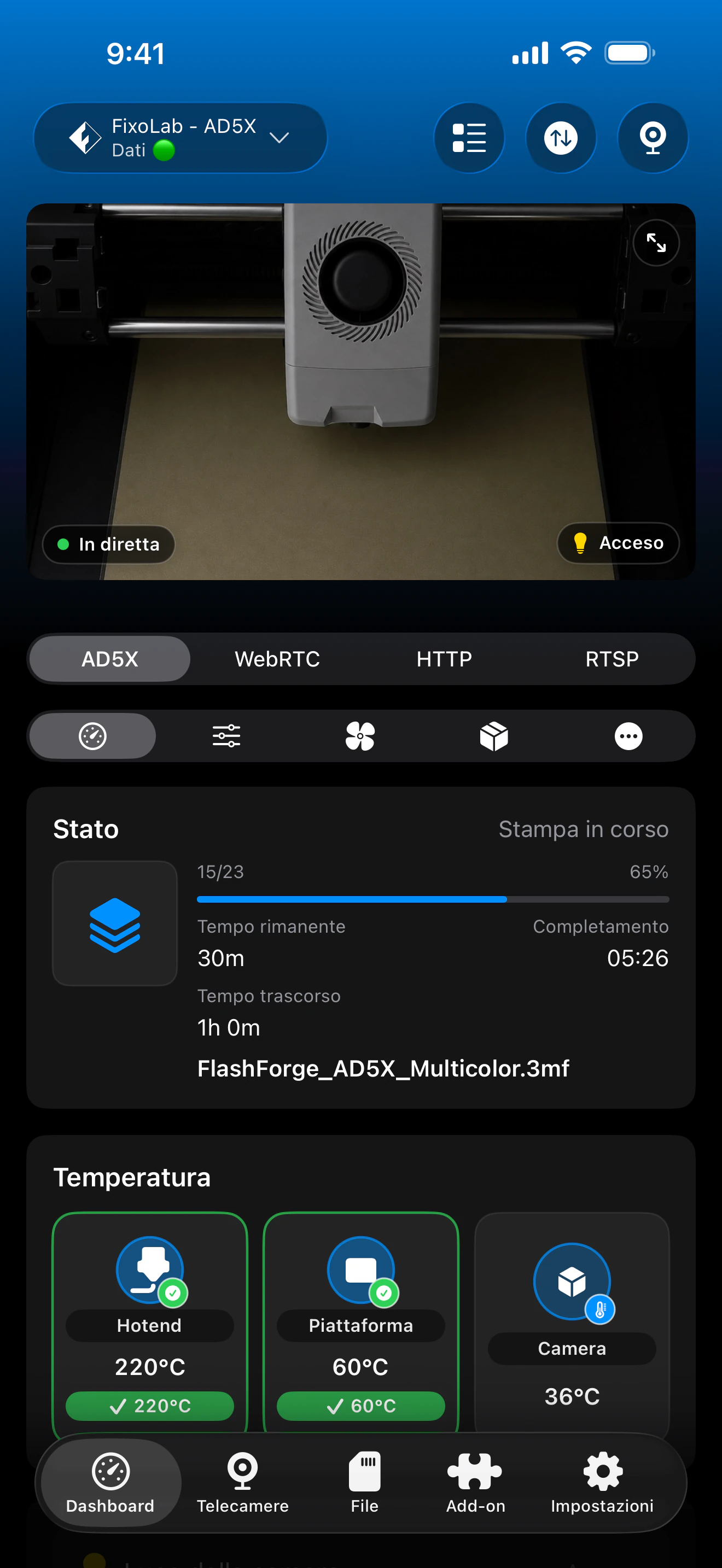 Screenshot della dashboard Flashforge di Printer Tools