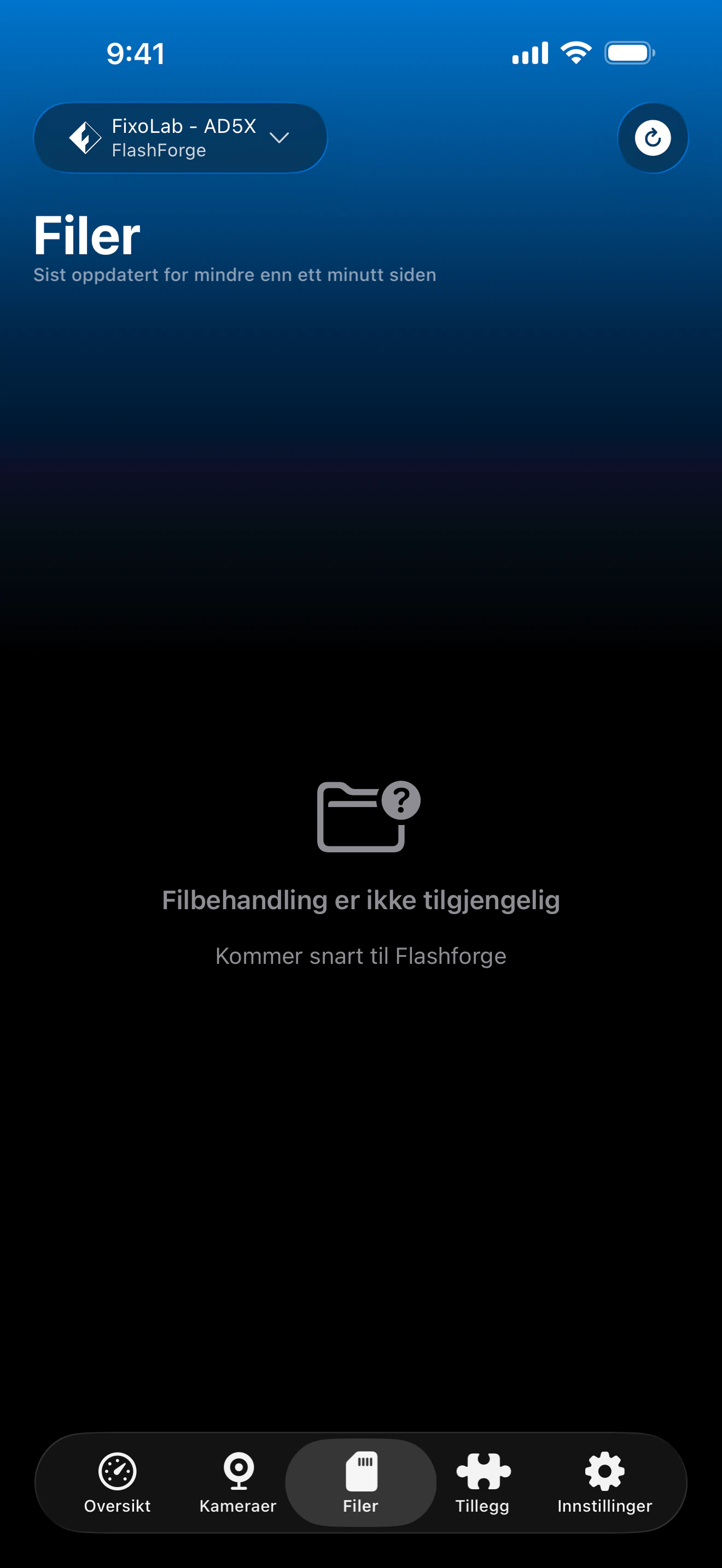 Flashforge filadministrasjonsstatus i Printer Tools
