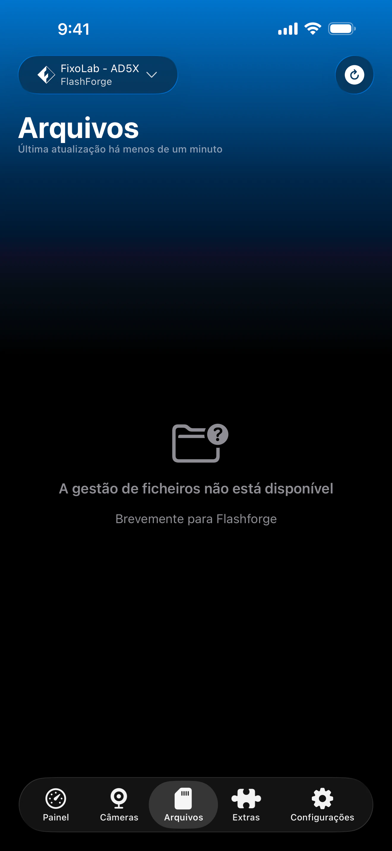 Status de gerenciamento de arquivos Flashforge no Printer Tools