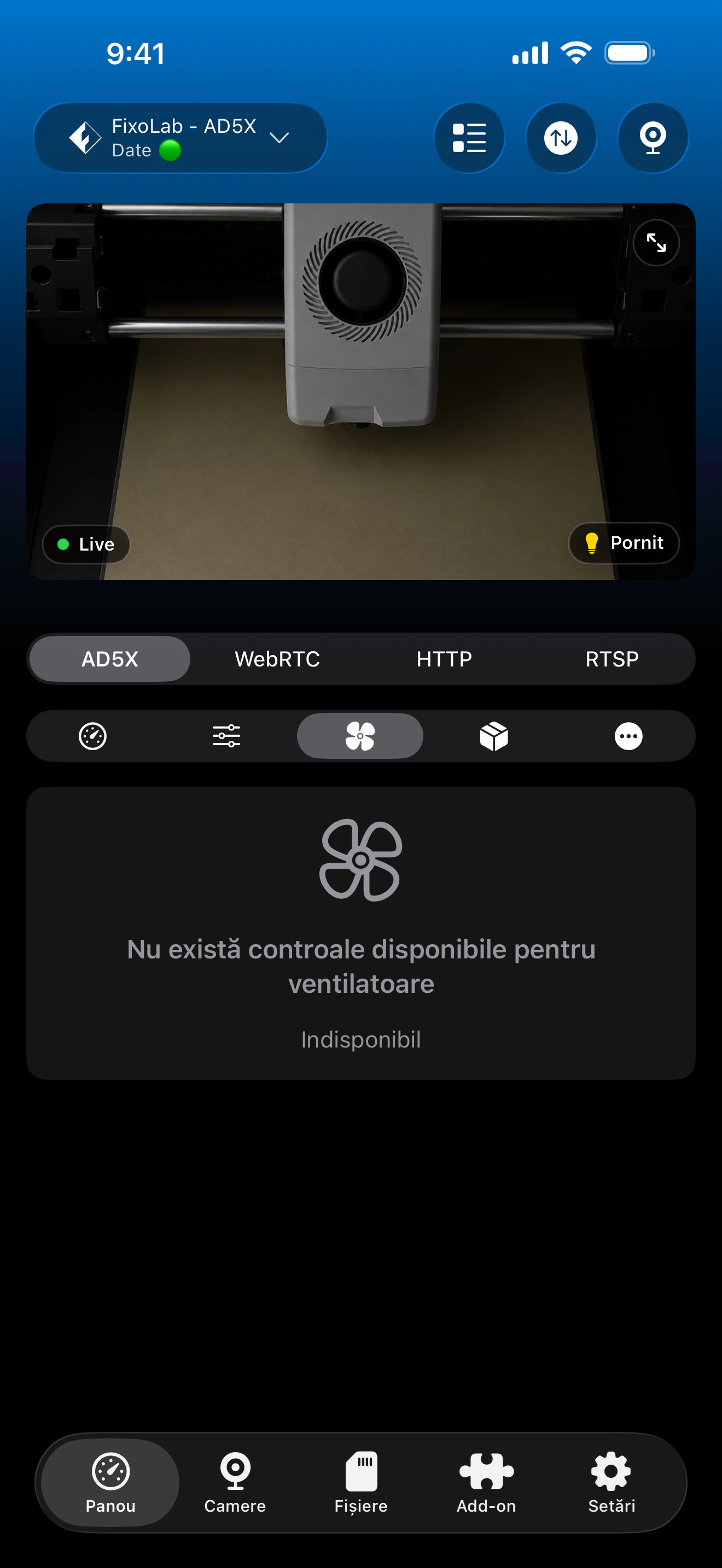 Control ventilatoare Flashforge în Printer Tools