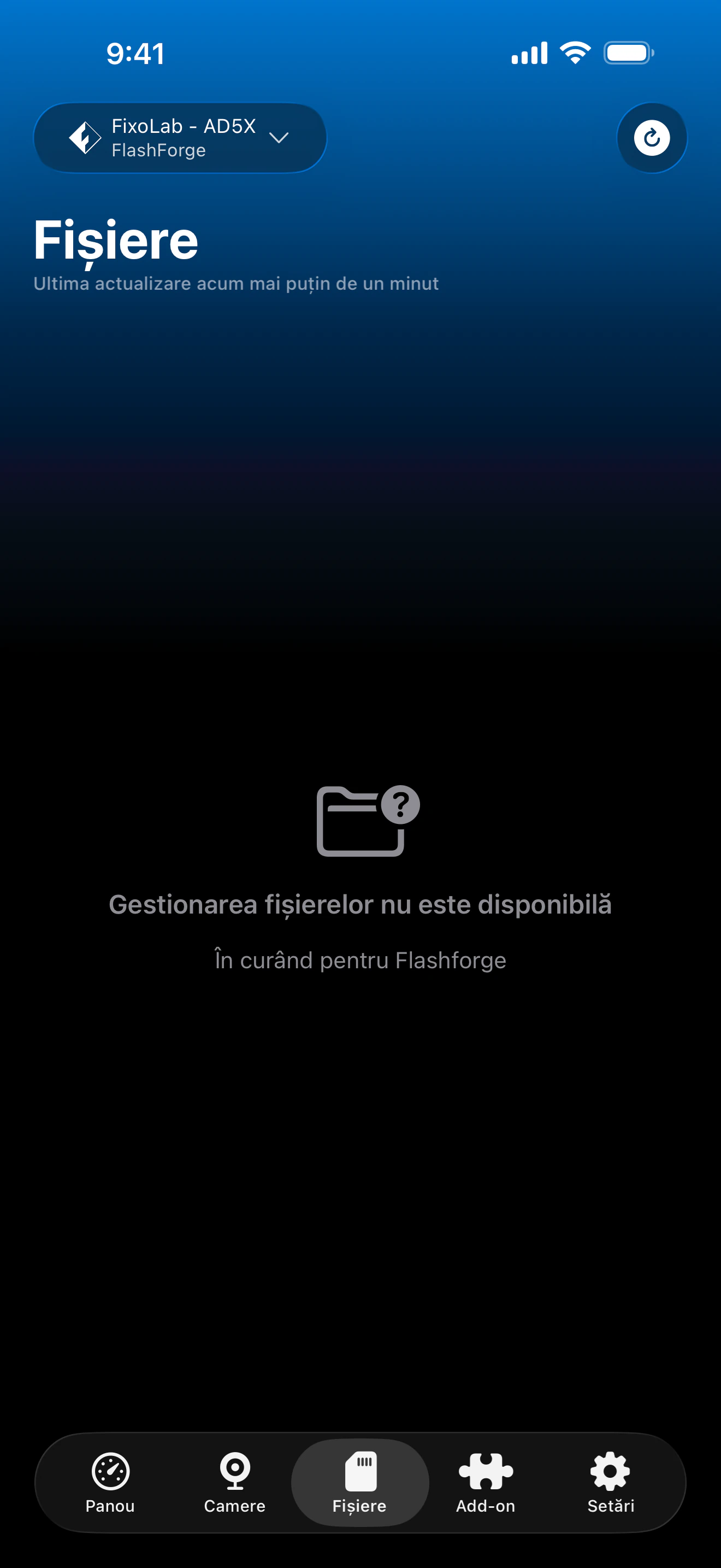 Starea gestionării fișierelor Flashforge în Printer Tools