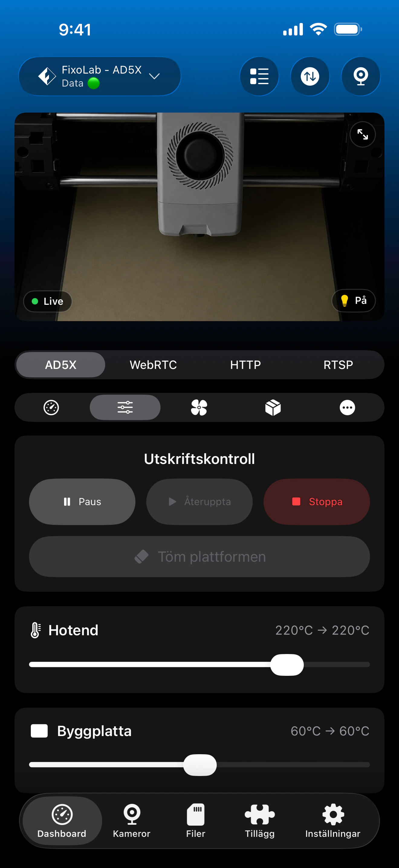 Flashforge-utskriftskontroll i Printer Tools