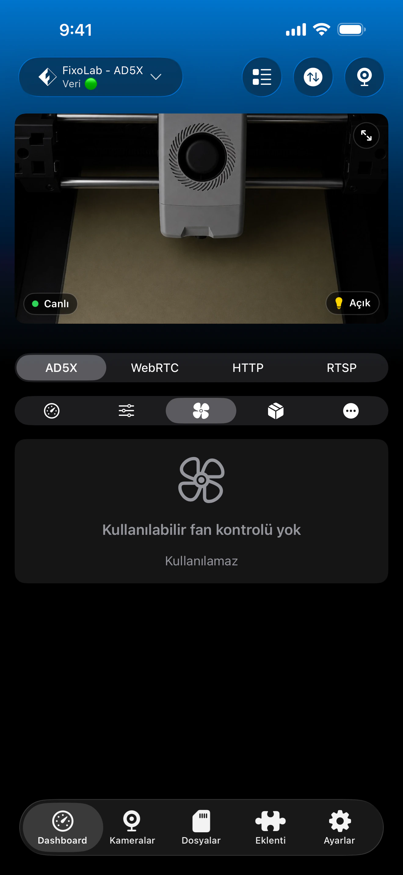 Printer Tools'ta Flashforge fan kontrolü