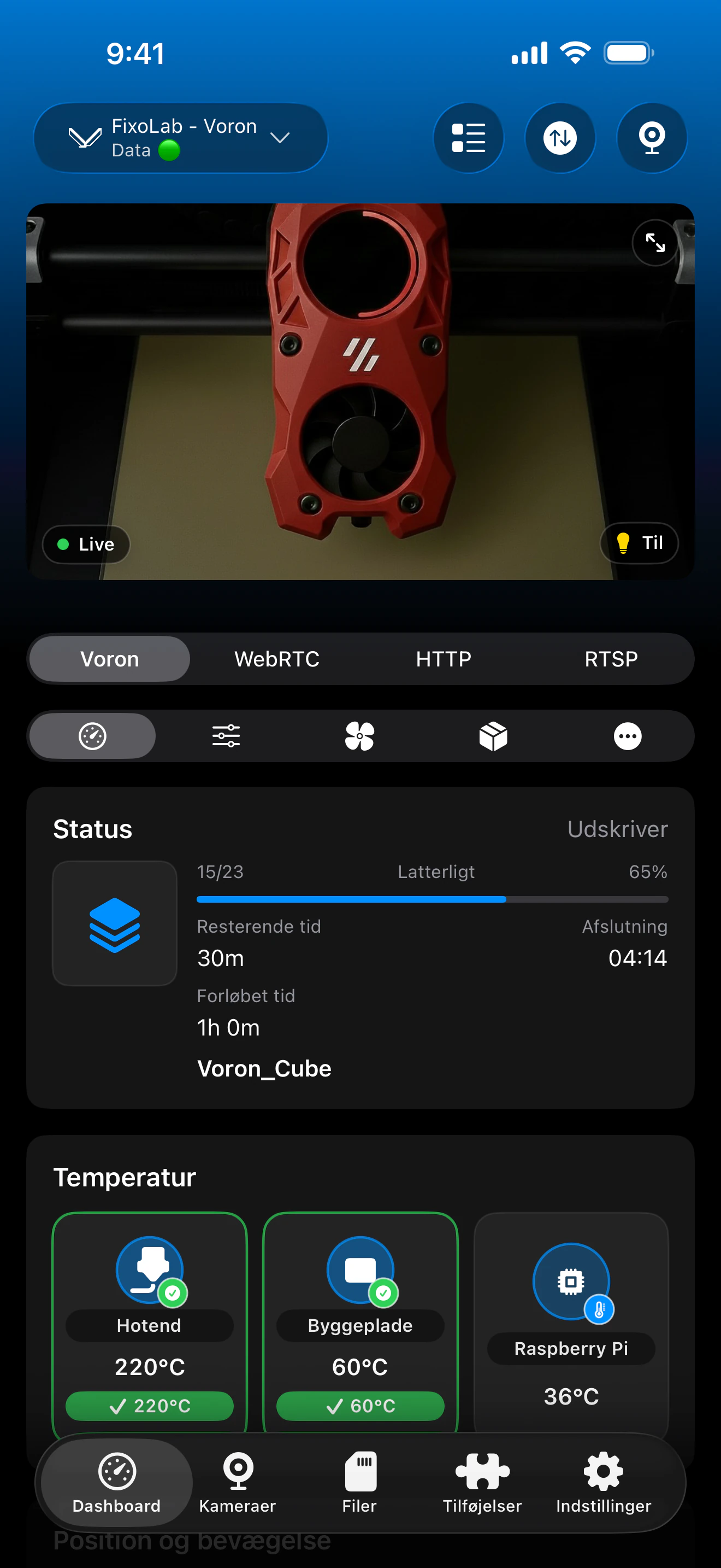 Skærmbillede af Printer Tools Klipper / Moonraker-dashboard