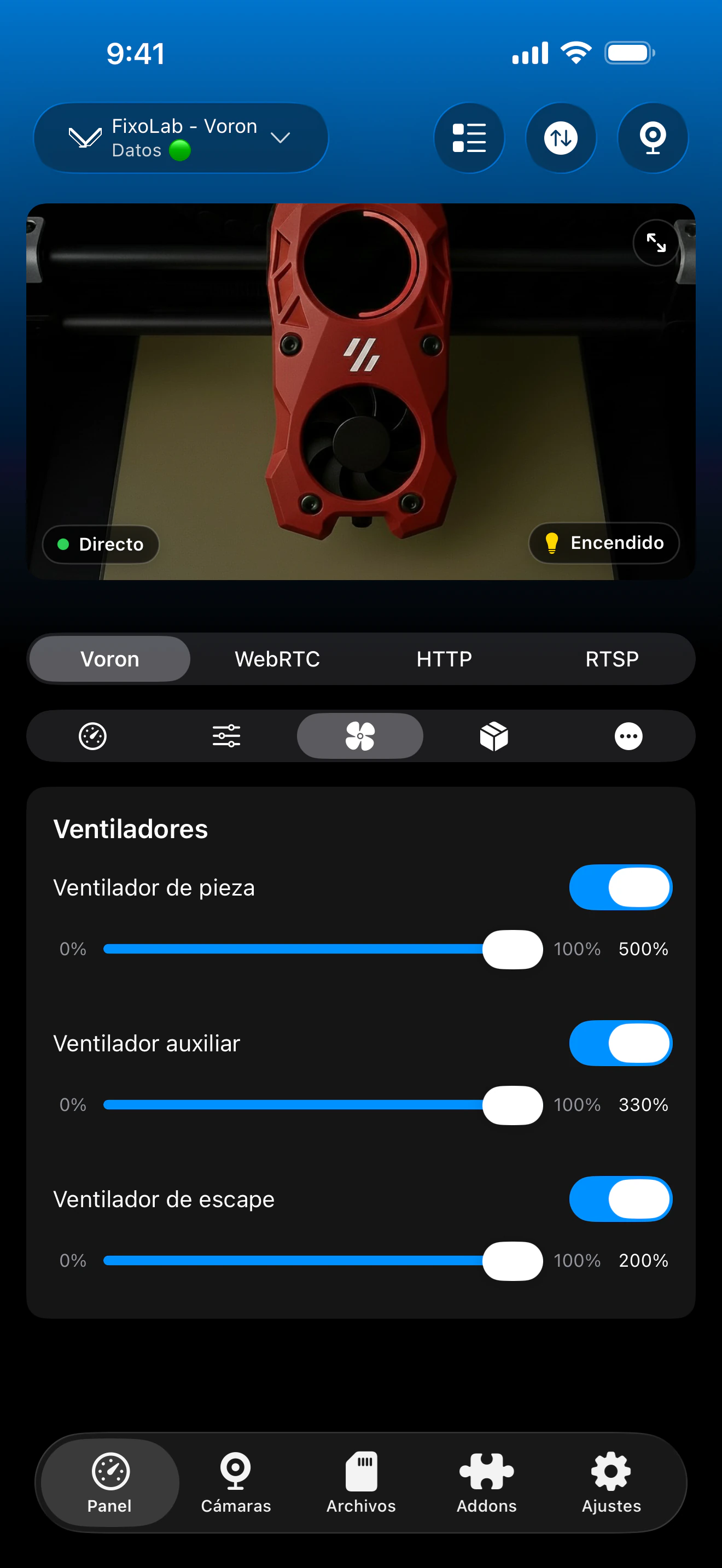 Controles de ventiladores Klipper en Printer Tools