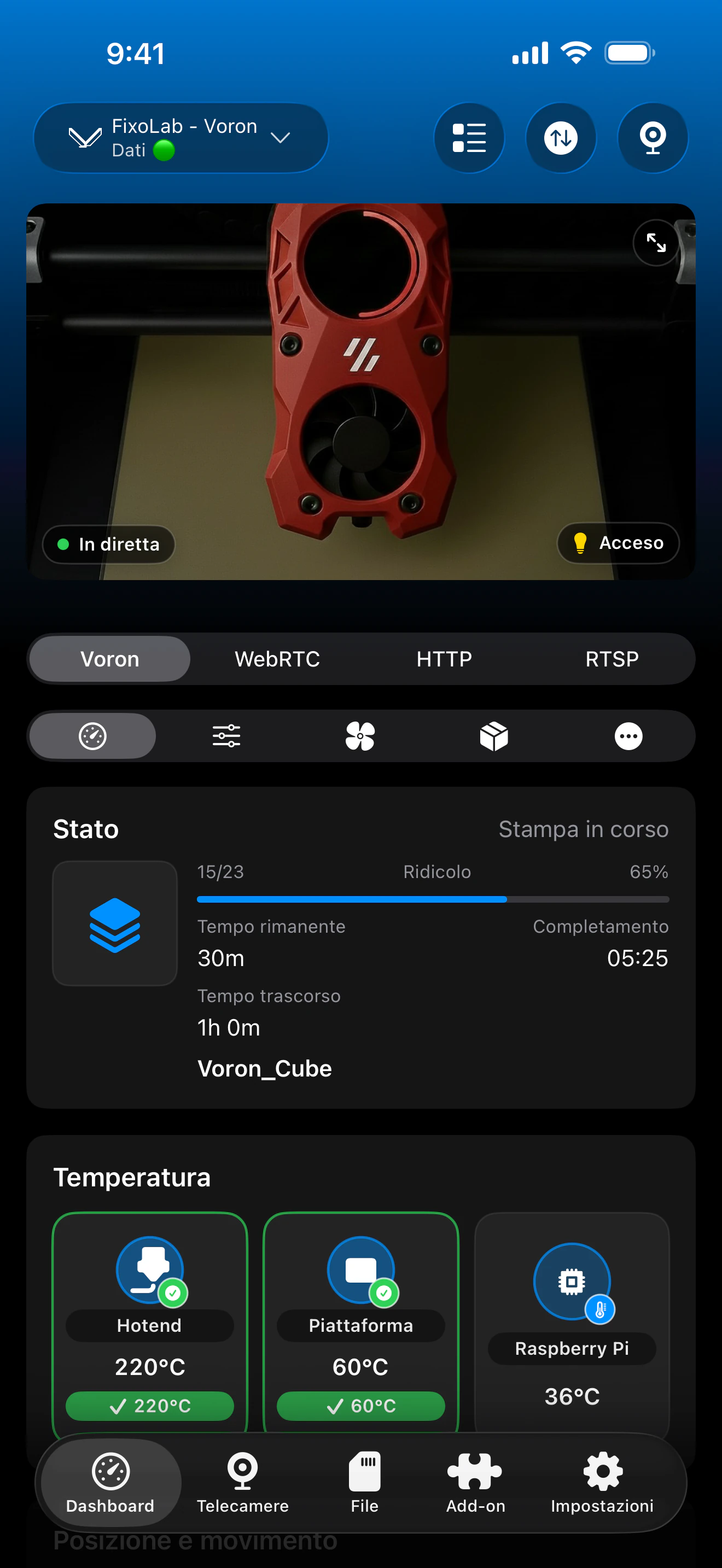Screenshot della dashboard Klipper / Moonraker di Printer Tools