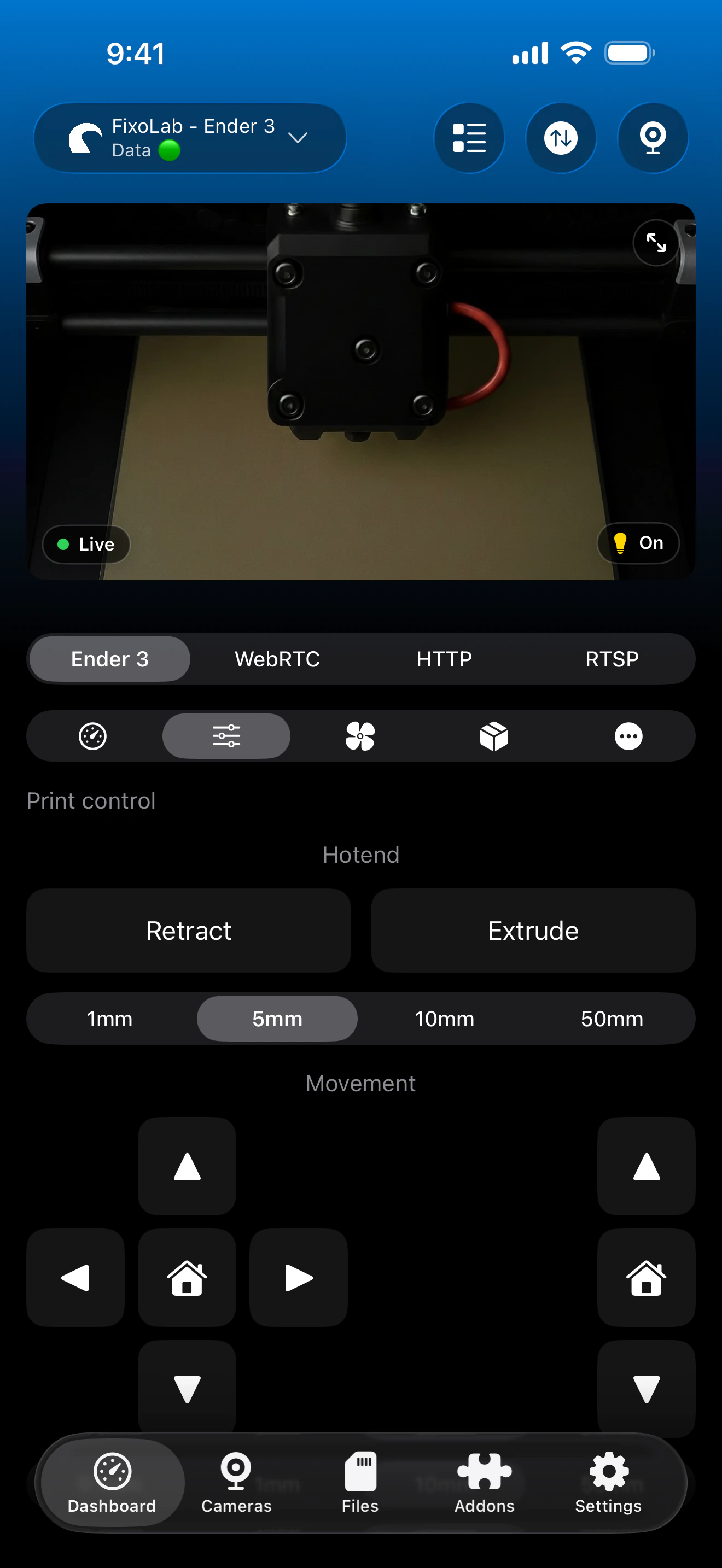 OctoPrint print control in Printer Tools