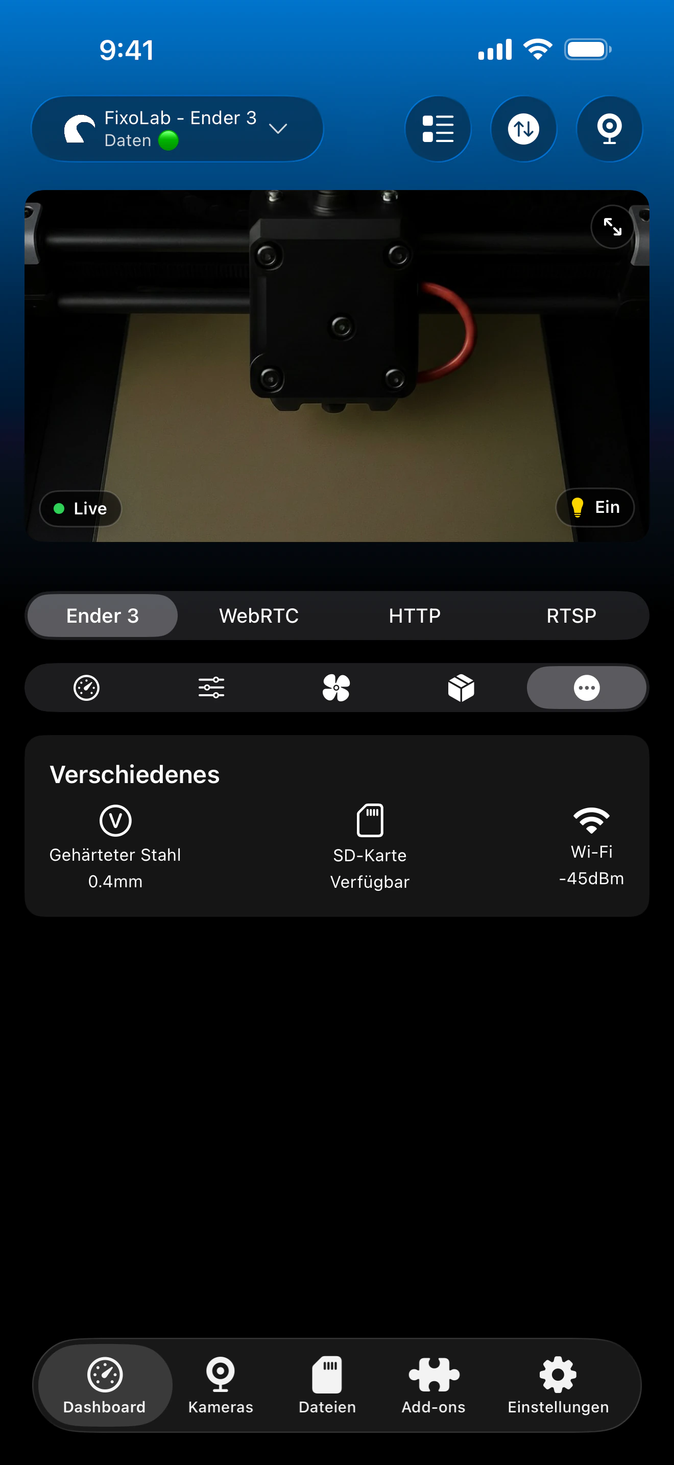 OctoPrint-Übersichts-Dashboard in Printer Tools