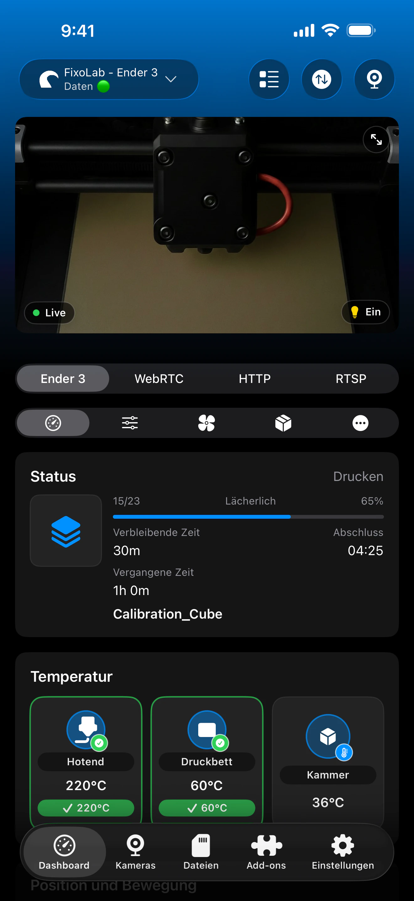 Screenshot des OctoPrint-Dashboards von Printer Tools