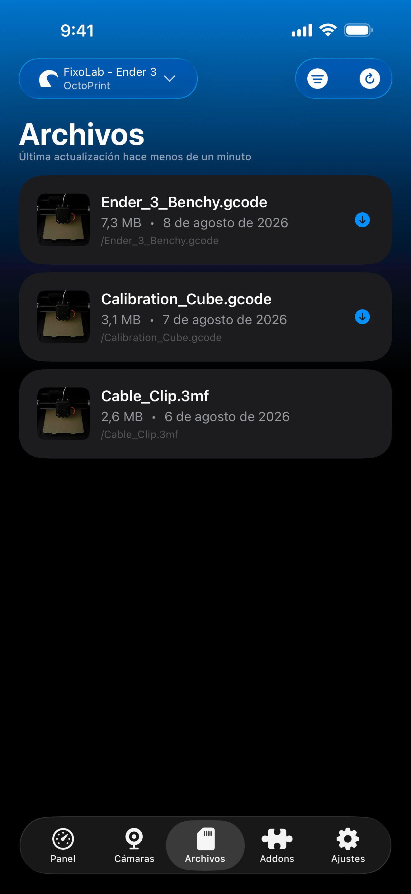Historial de impresión OctoPrint en Printer Tools