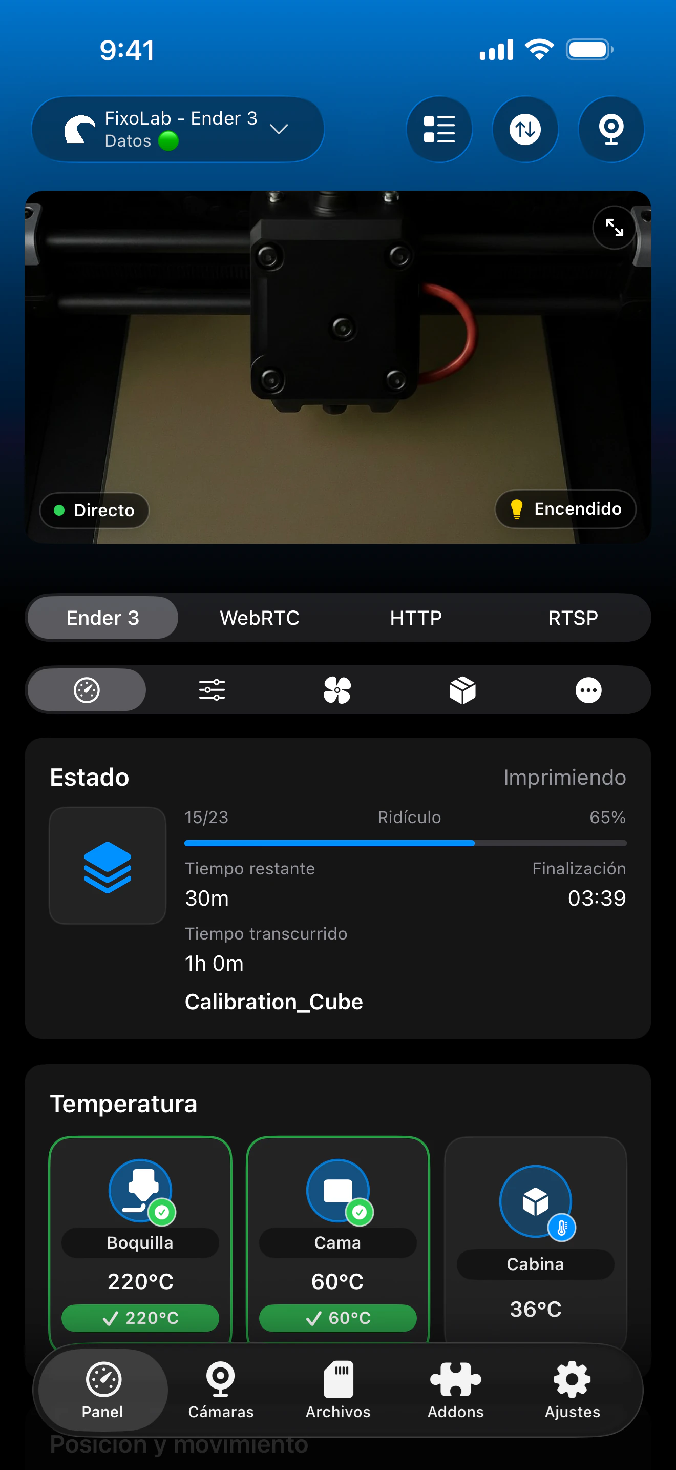 Captura del panel de OctoPrint en Printer Tools
