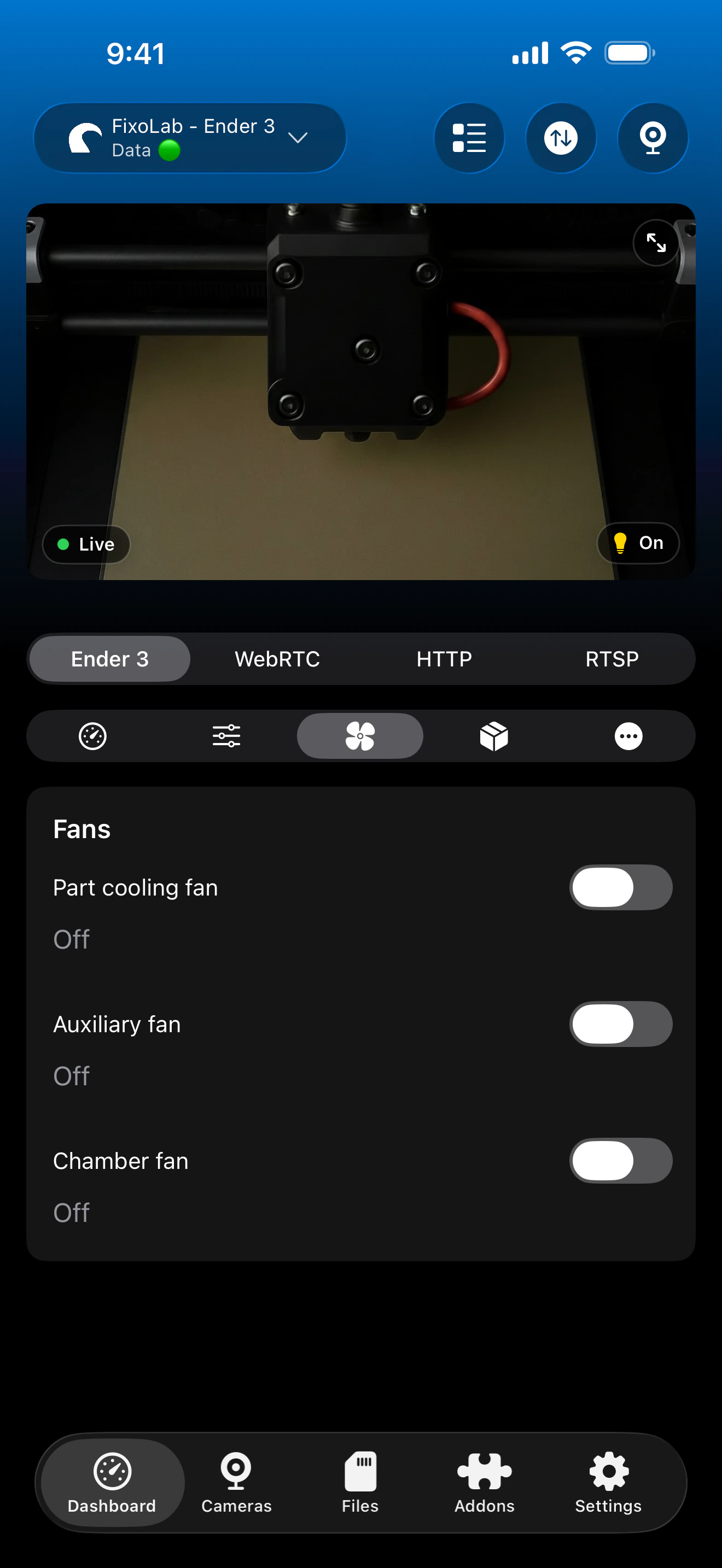 OctoPrint fan controls in Printer Tools
