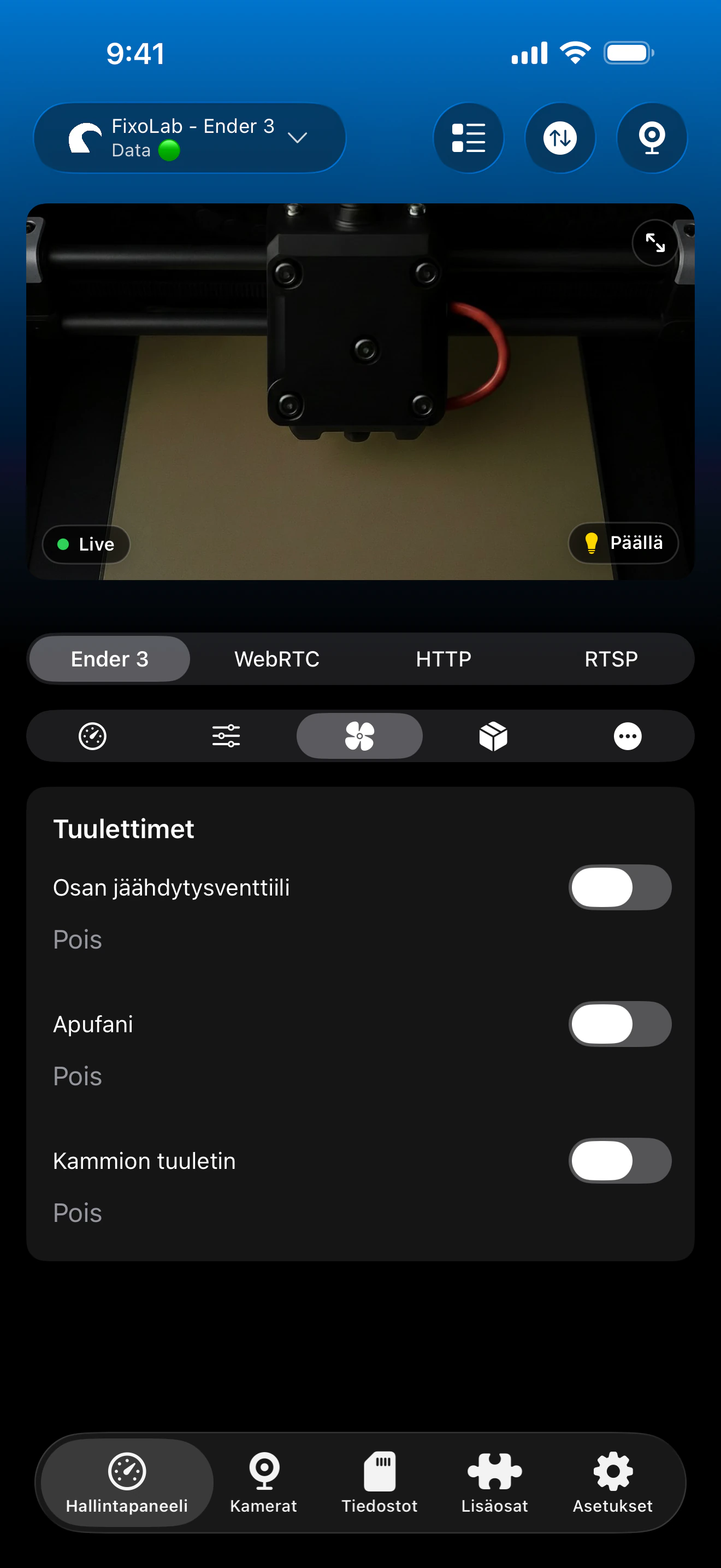 OctoPrint-tuulettimien hallinta Printer Toolsissa