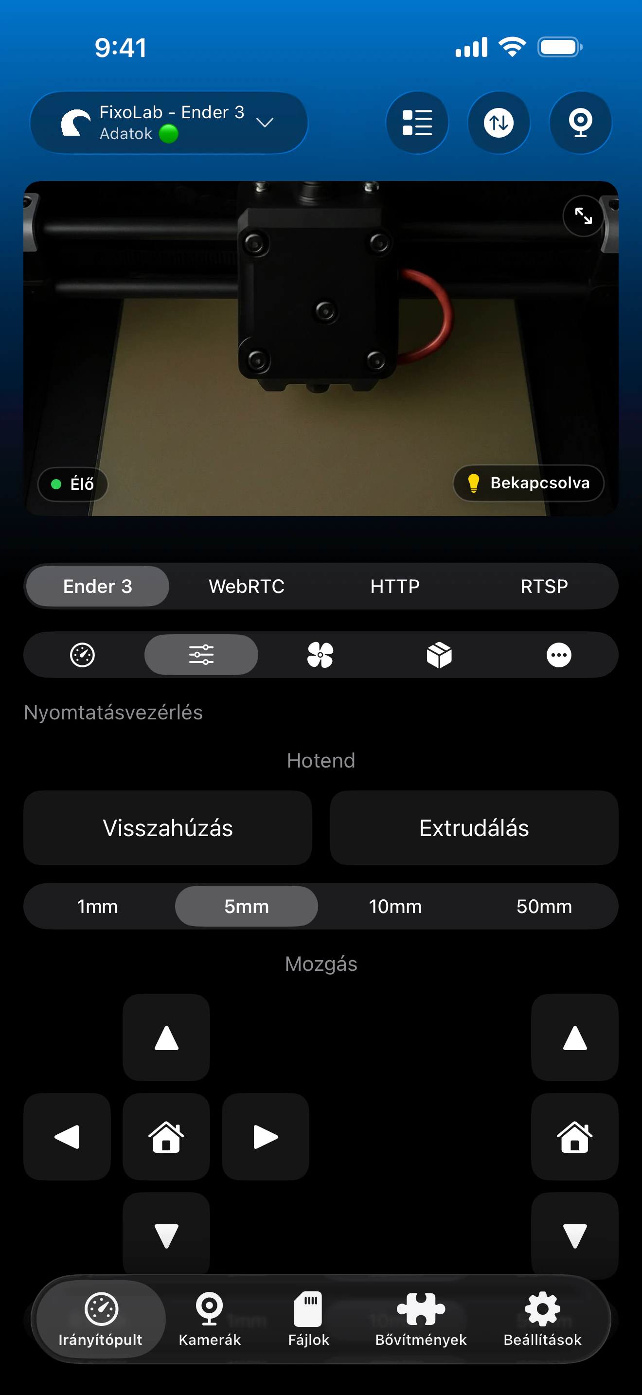 OctoPrint nyomtatásvezérlés a Printer Toolsban