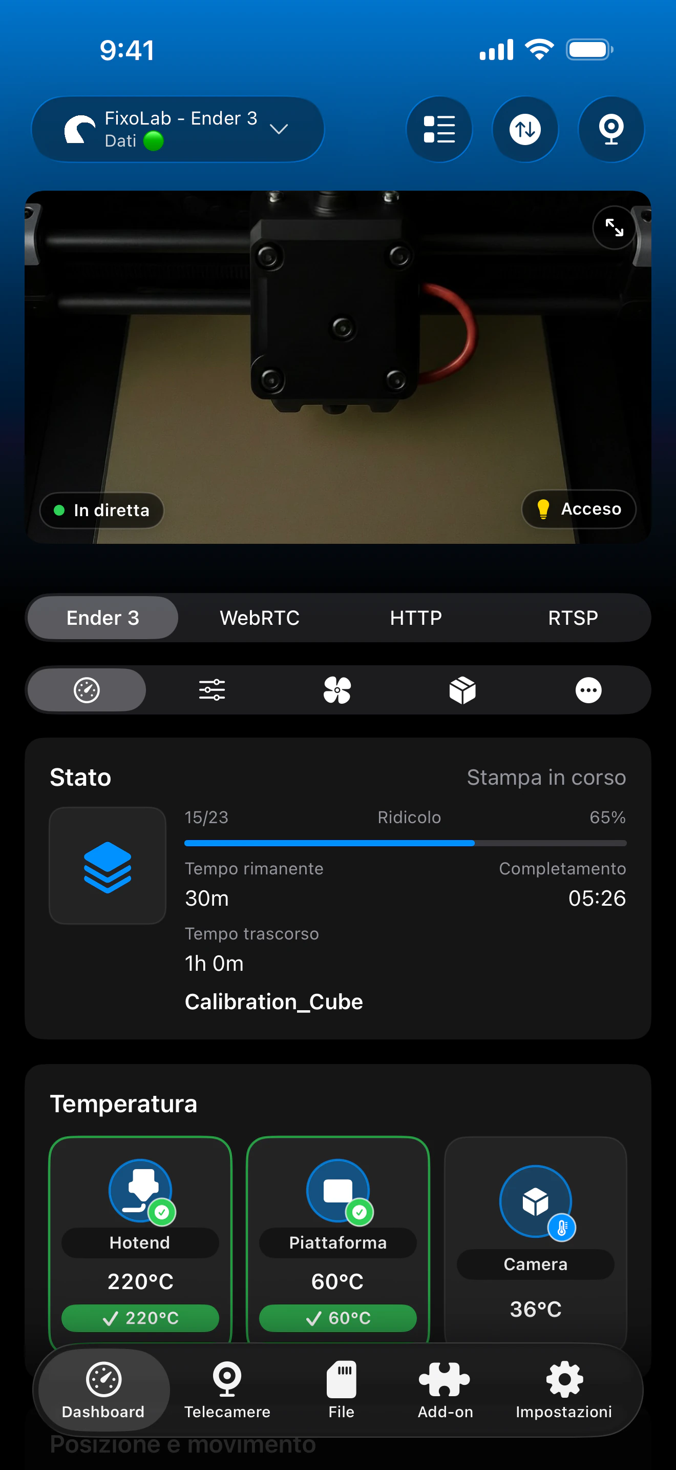 Screenshot della dashboard OctoPrint di Printer Tools
