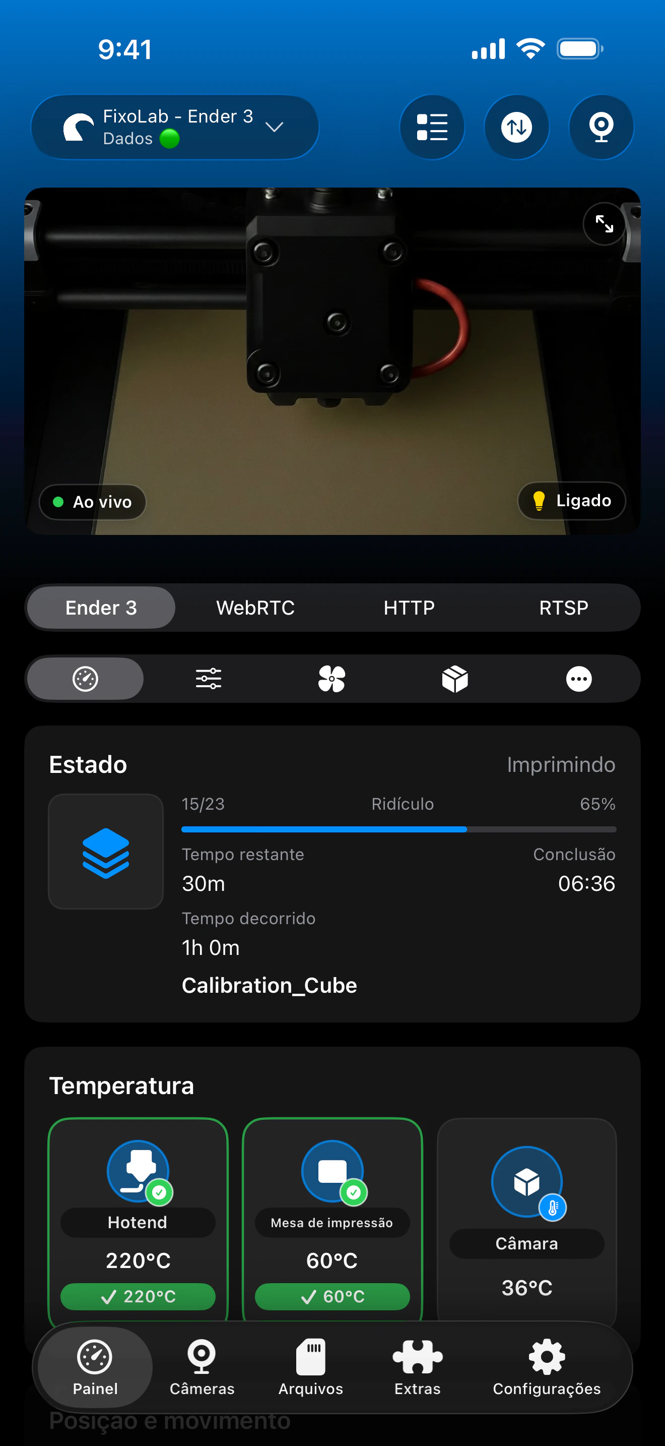 Captura de tela do painel OctoPrint no Printer Tools