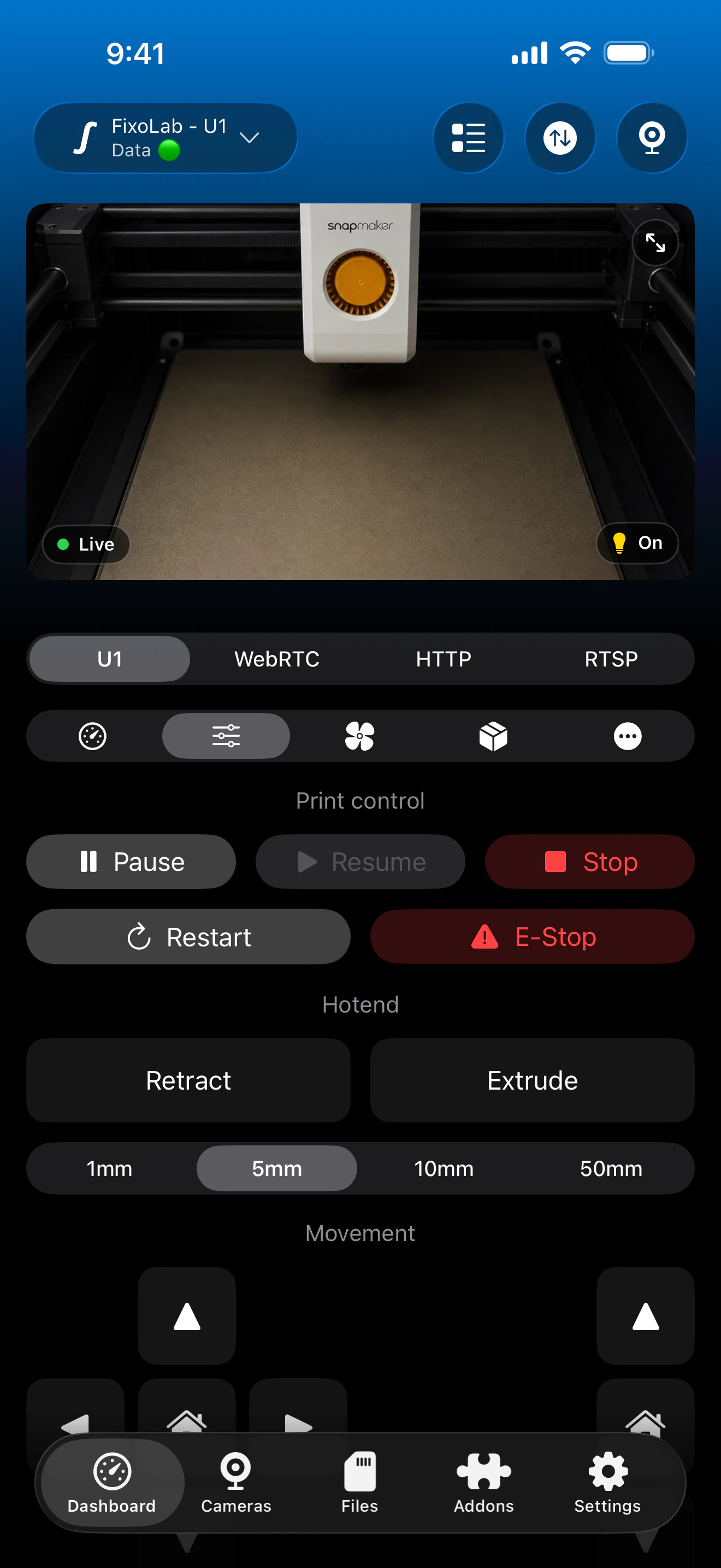 Snapmaker U1 print control in Printer Tools