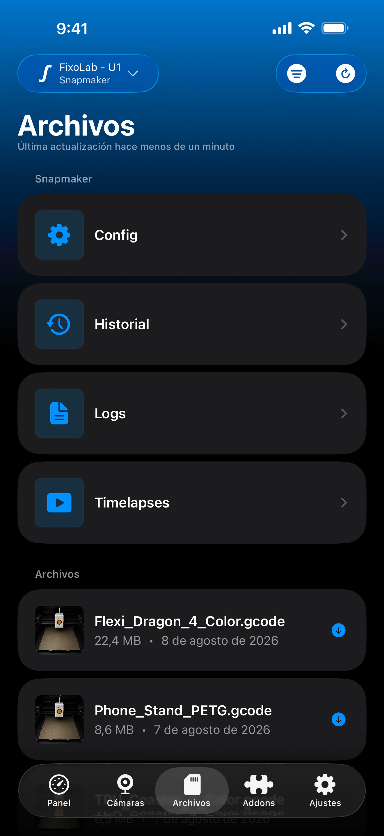 Historial de impresión Snapmaker U1 en Printer Tools