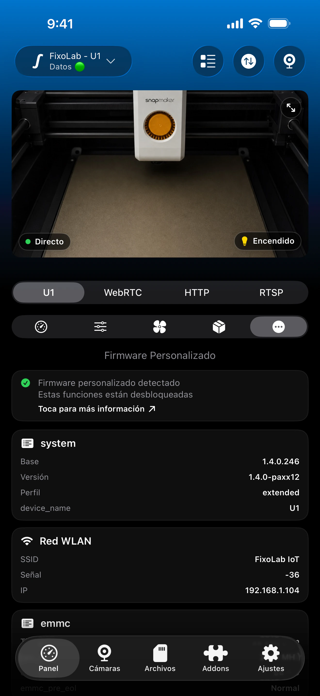 Panel de información adicional Snapmaker U1 en Printer Tools