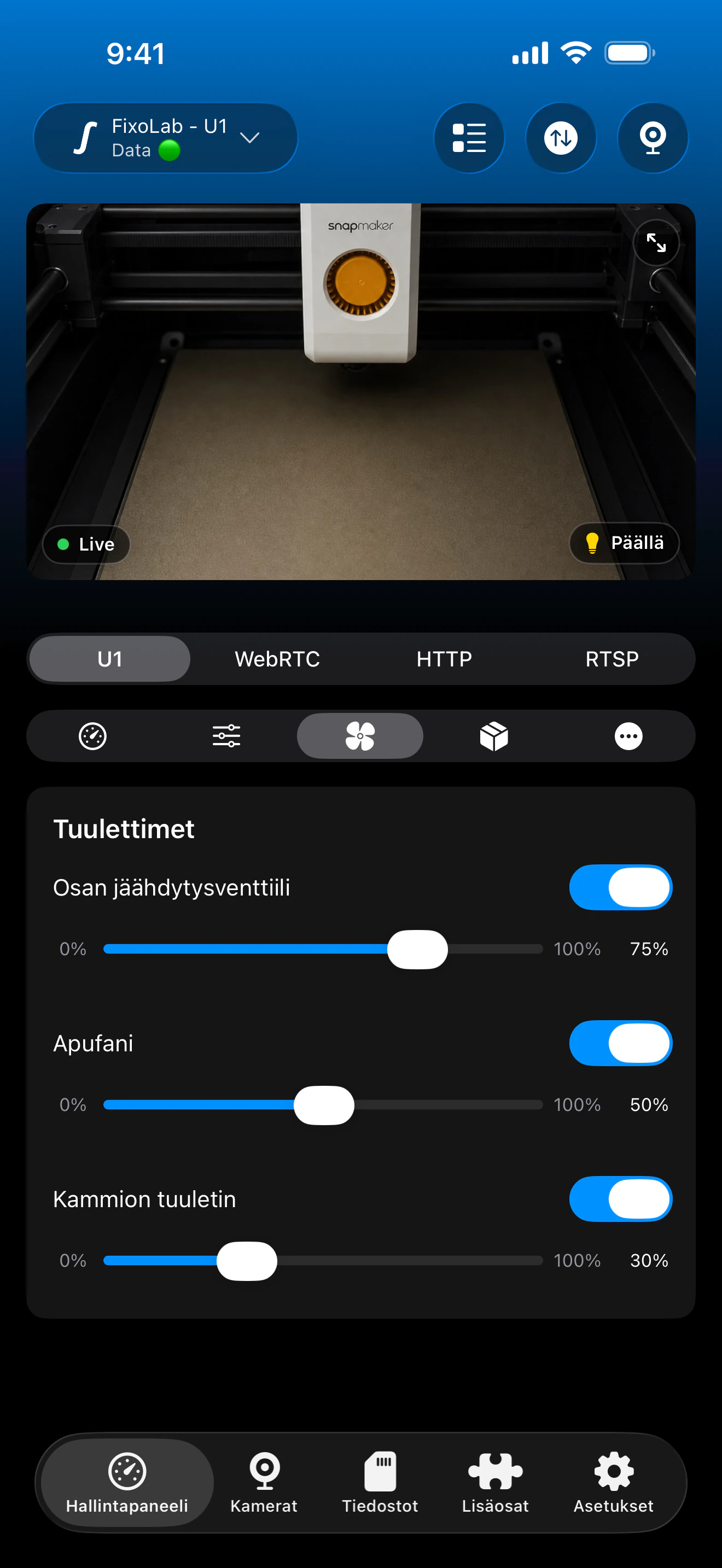 Snapmaker U1 -tuulettimien hallinta Printer Toolsissa