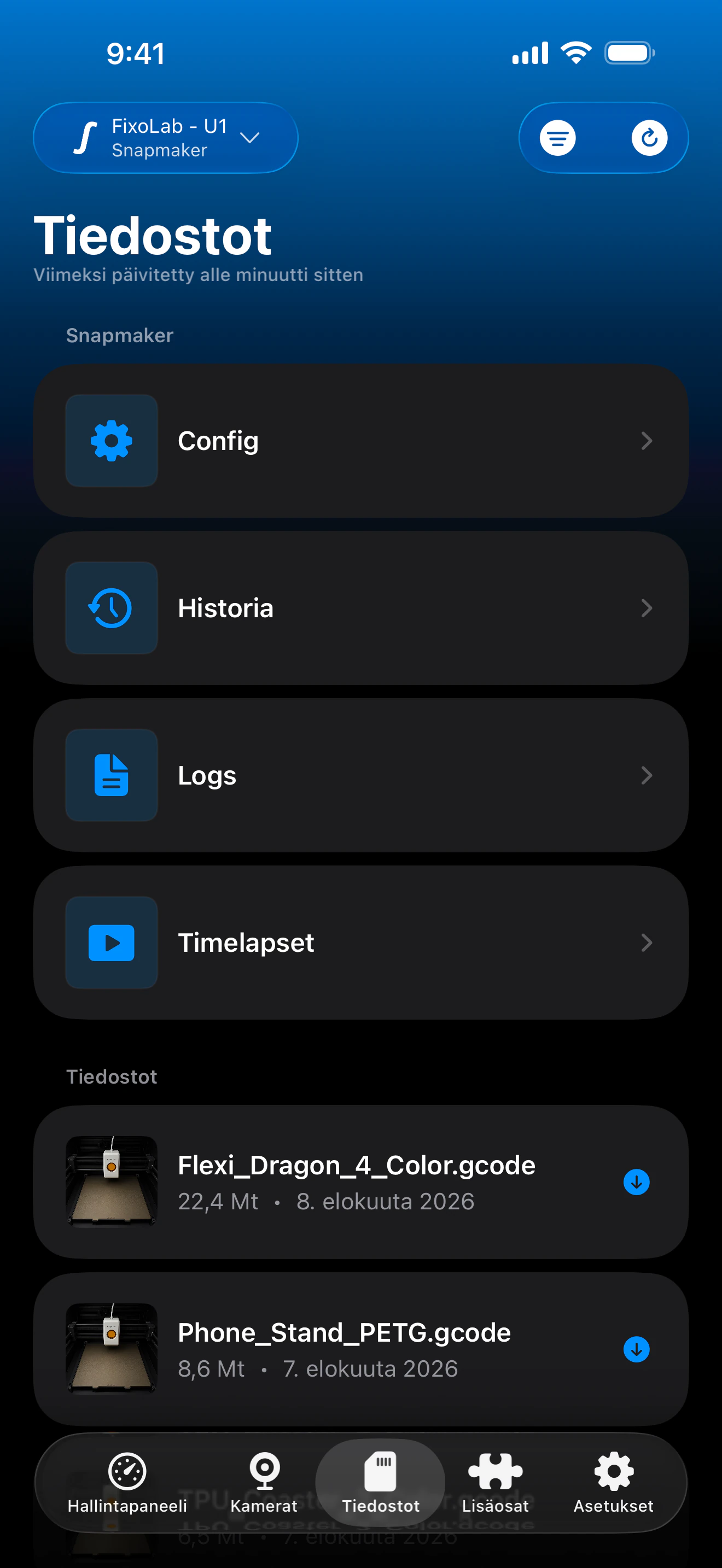 Snapmaker U1 -tulostushistoria Printer Toolsissa