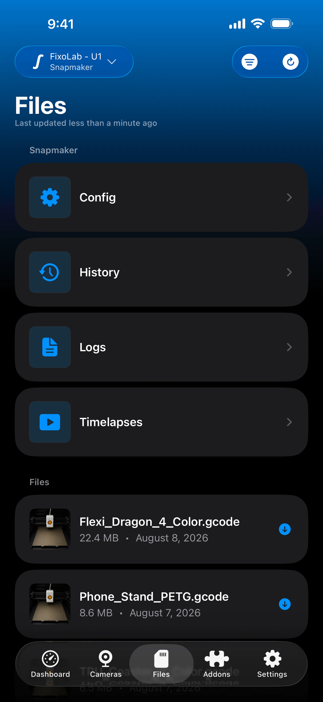 Snapmaker U1 print history in Printer Tools
