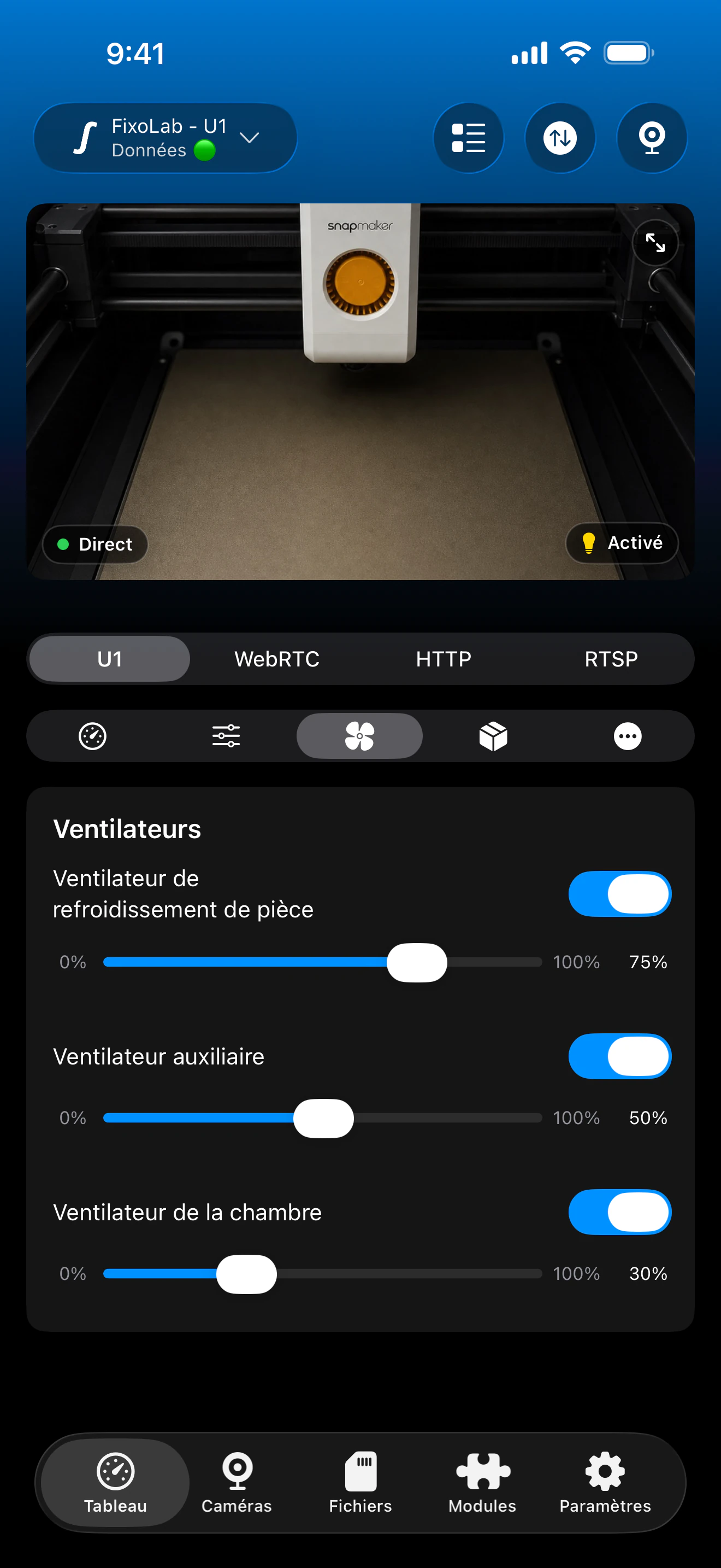 Contrôle des ventilateurs Snapmaker U1 dans Printer Tools