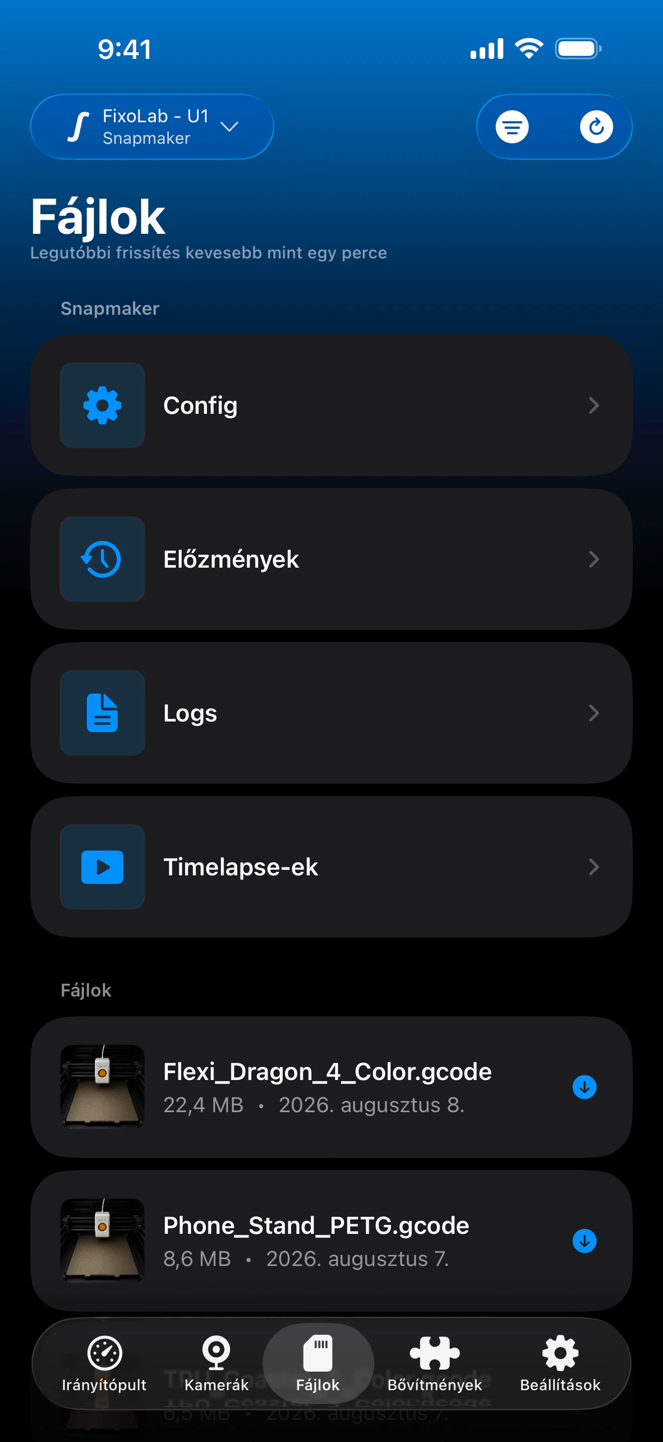 Snapmaker U1 nyomtatási előzmények a Printer Toolsban