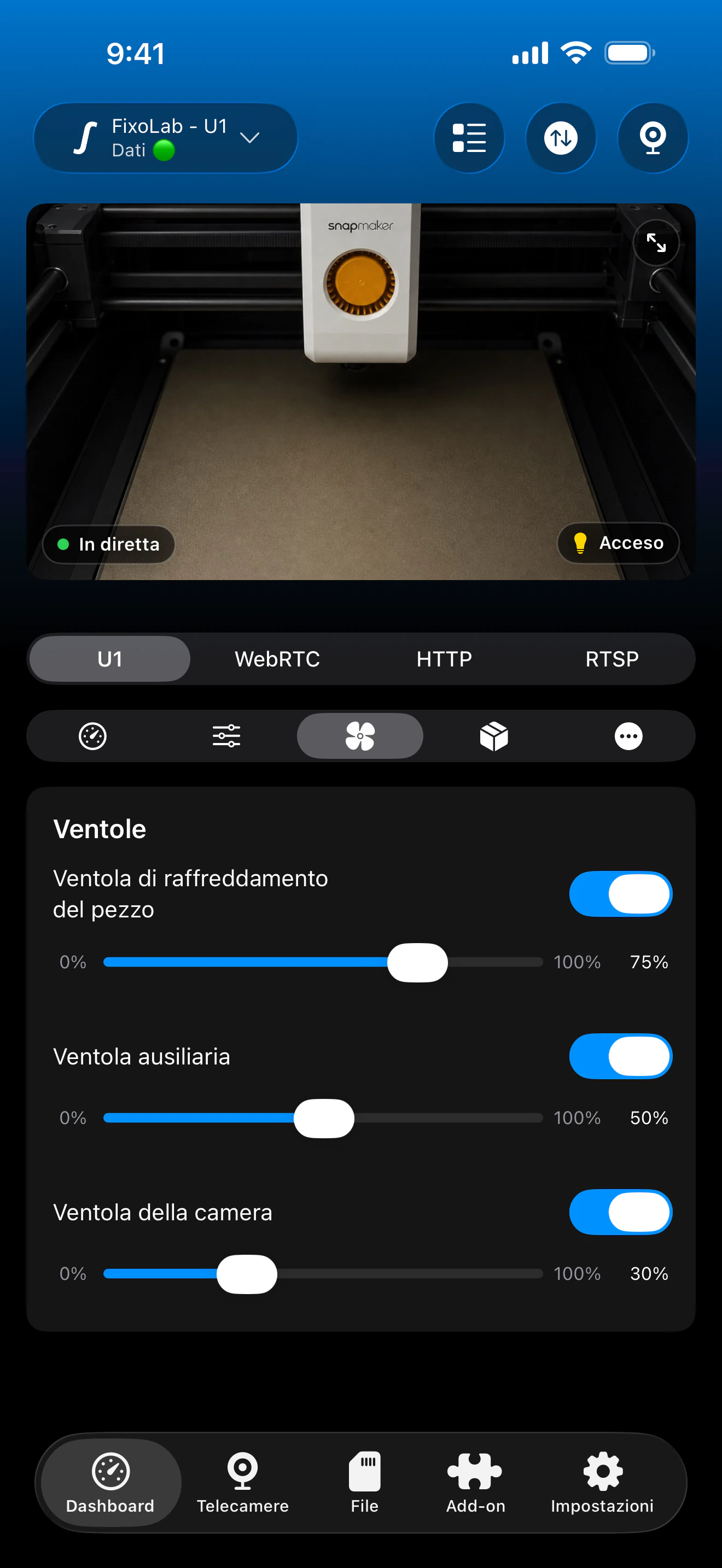 Controllo delle ventole Snapmaker U1 in Printer Tools