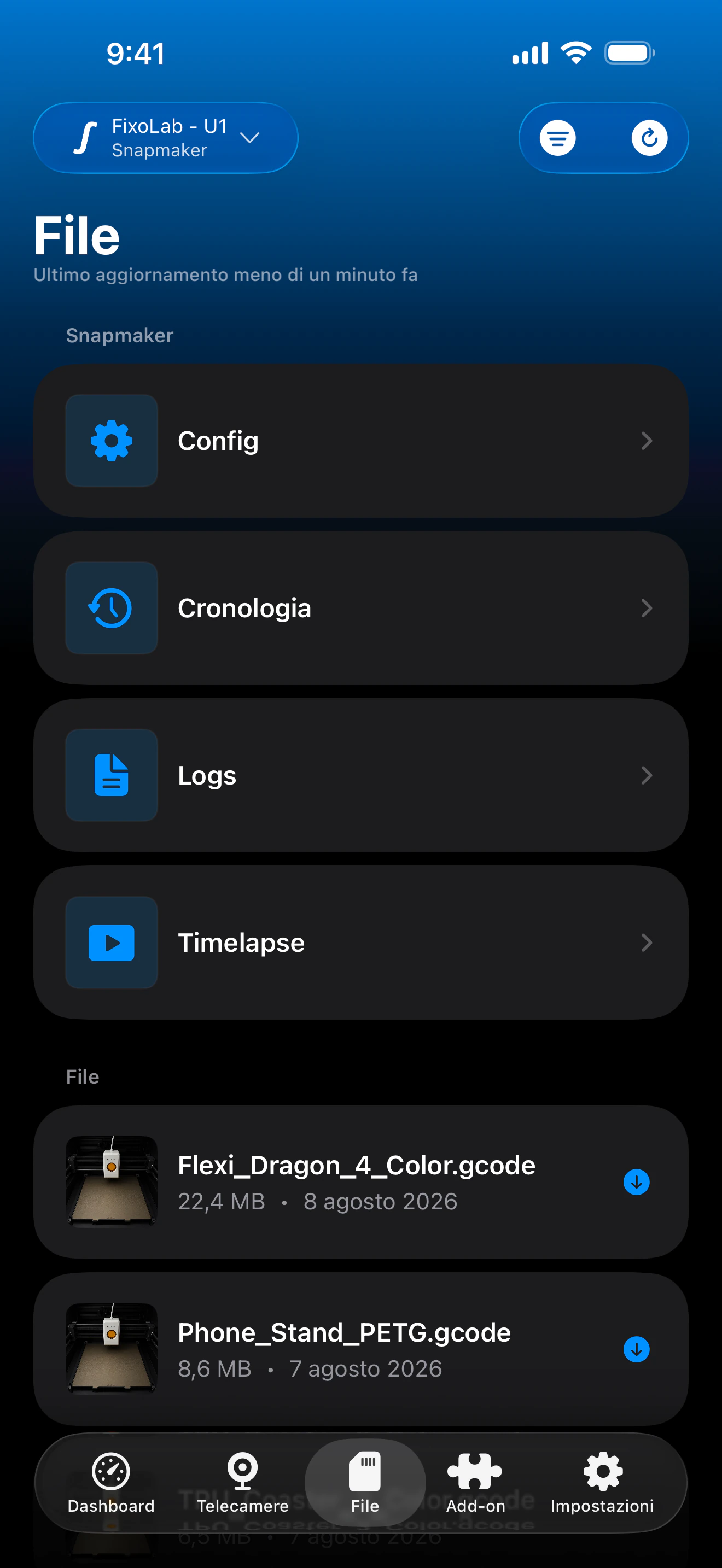 Cronologia di stampa Snapmaker U1 in Printer Tools