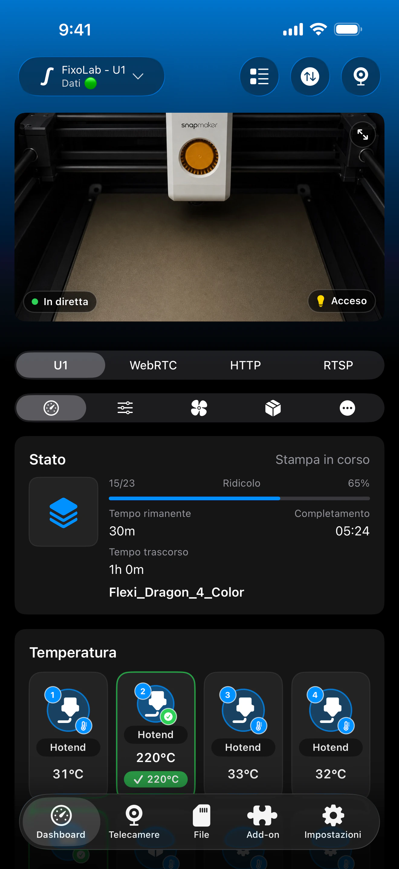 Screenshot della dashboard Snapmaker U1 di Printer Tools
