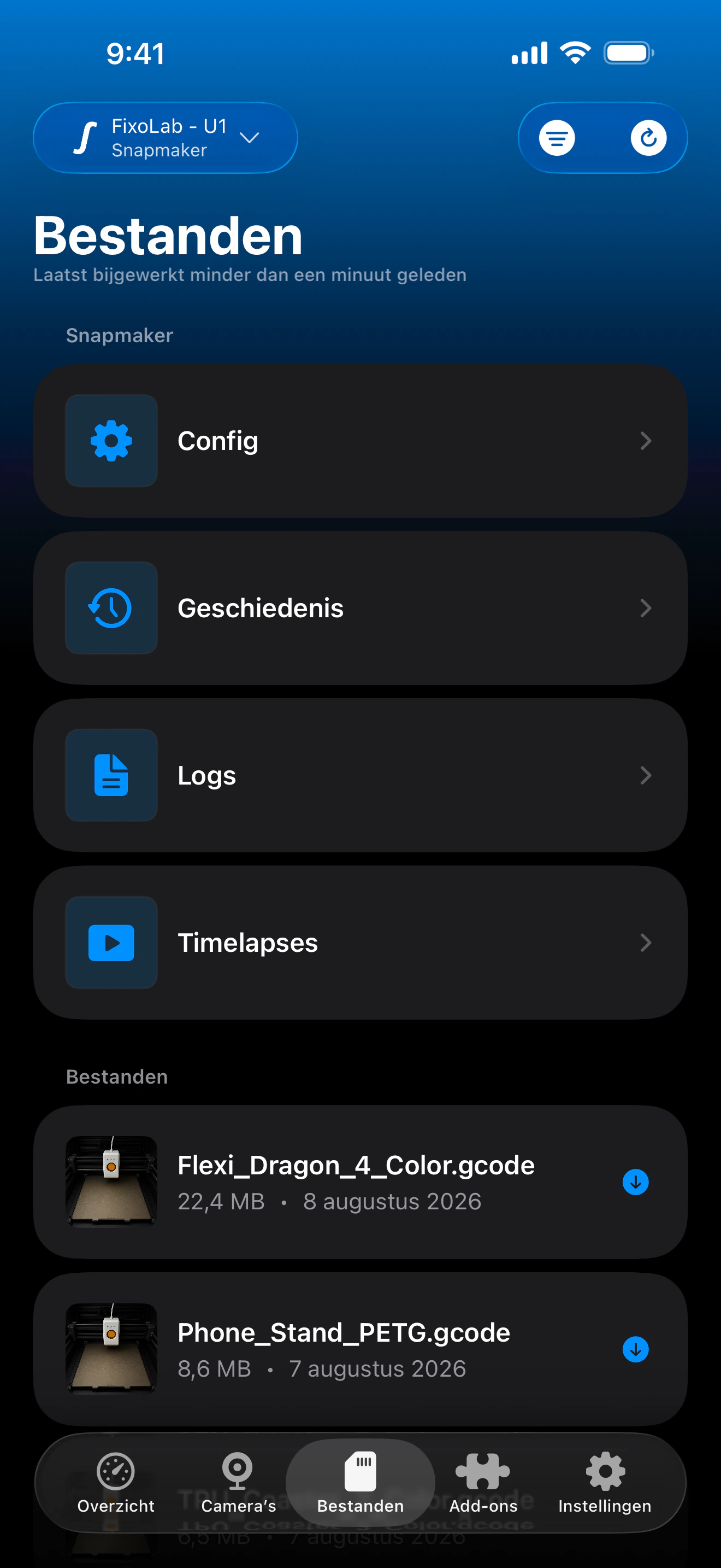 Snapmaker U1-printgeschiedenis in Printer Tools