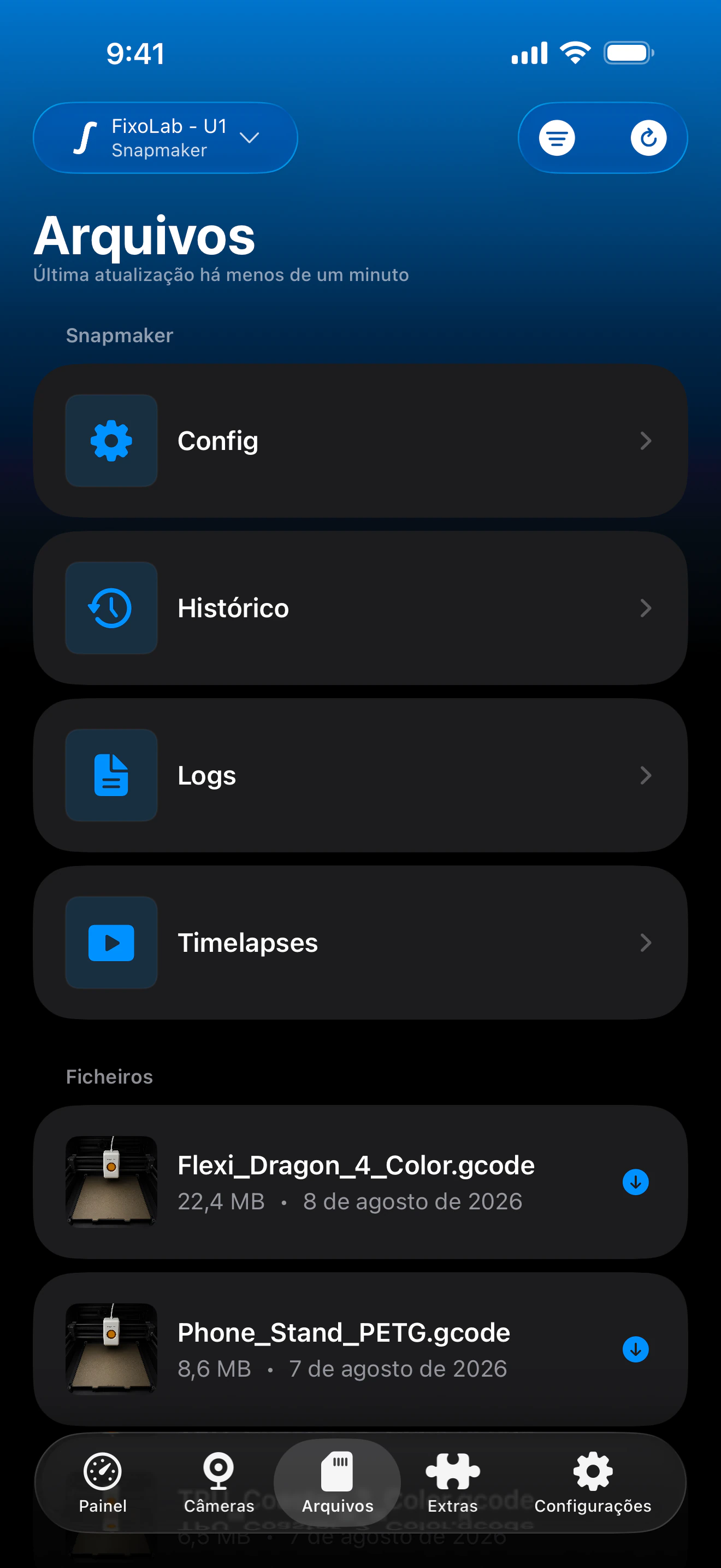 Histórico de impressão Snapmaker U1 no Printer Tools