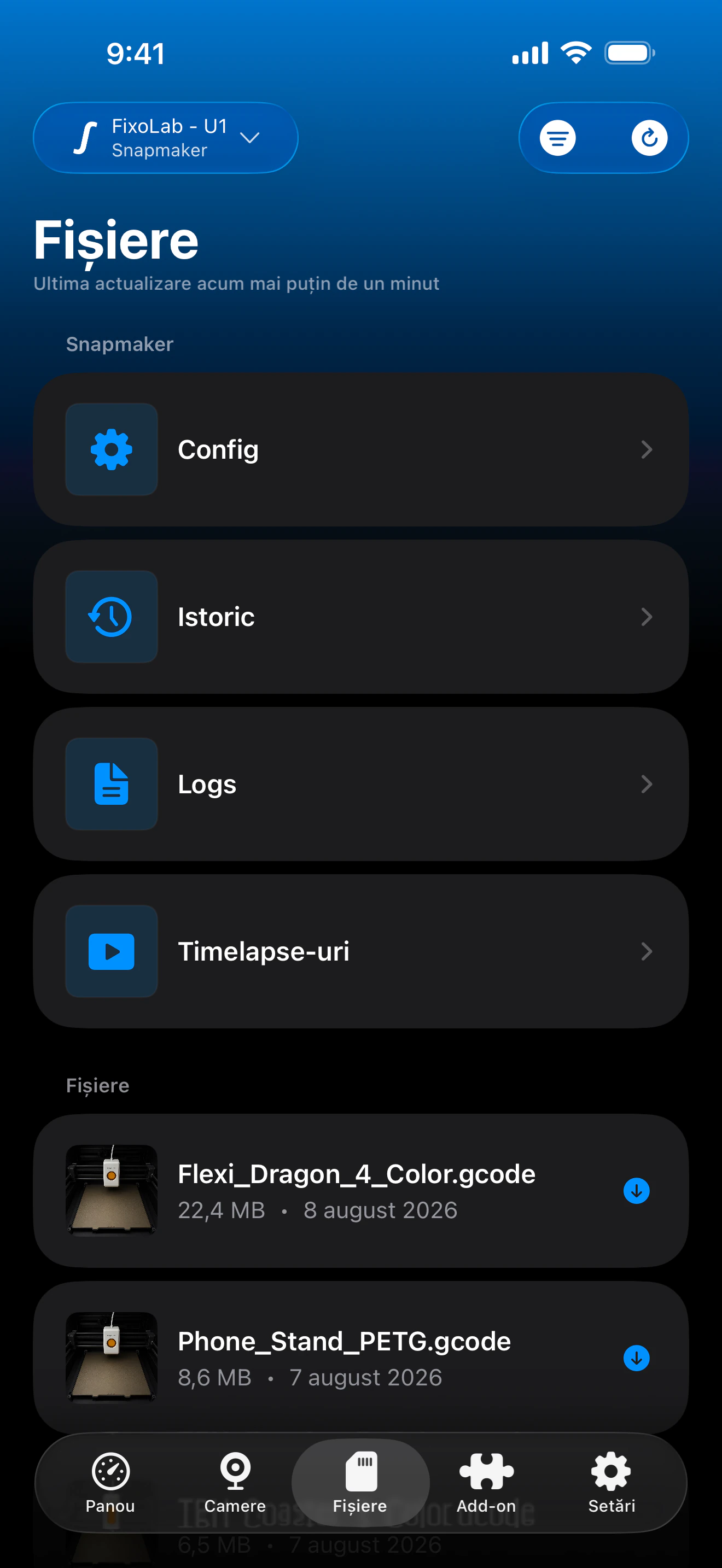 Istoric imprimare Snapmaker U1 în Printer Tools