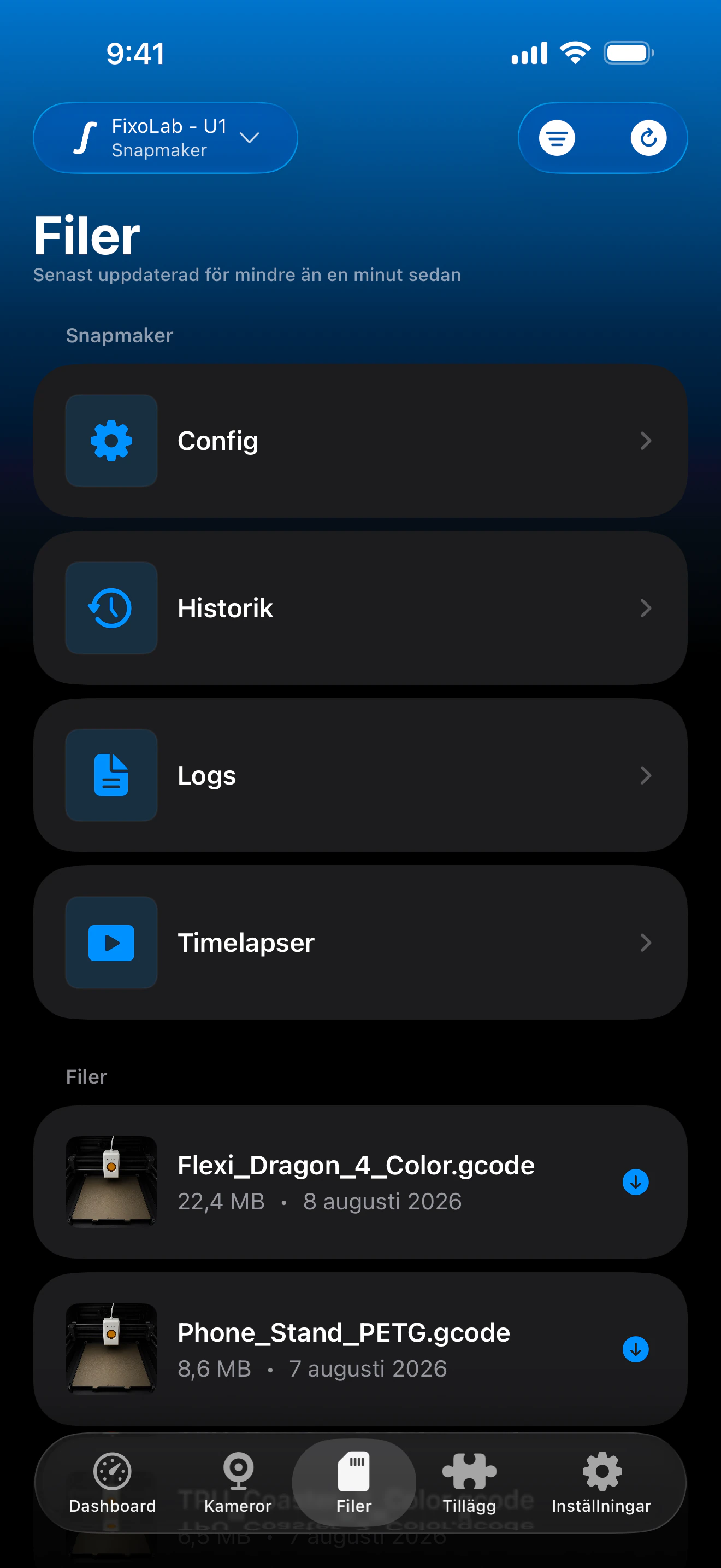 Snapmaker U1-utskriftshistorik i Printer Tools