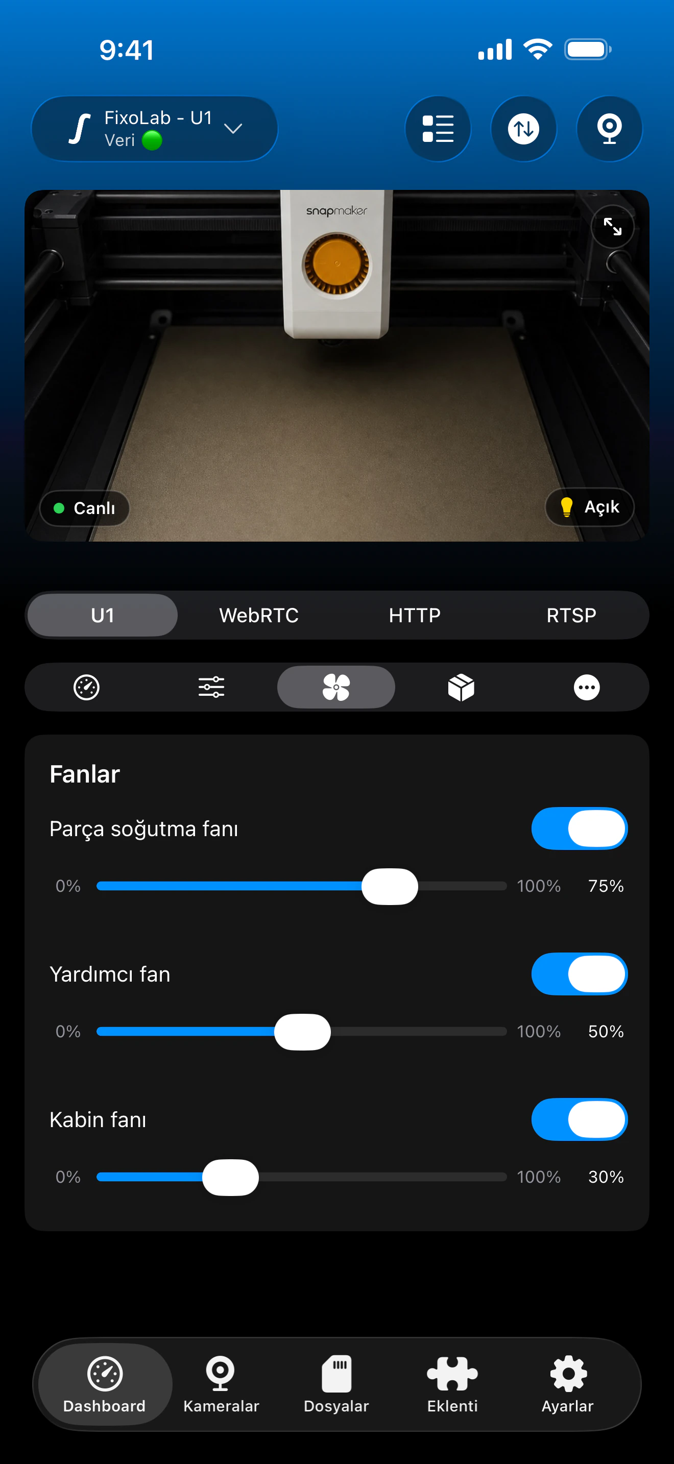 Printer Tools'ta Snapmaker U1 fan kontrolü