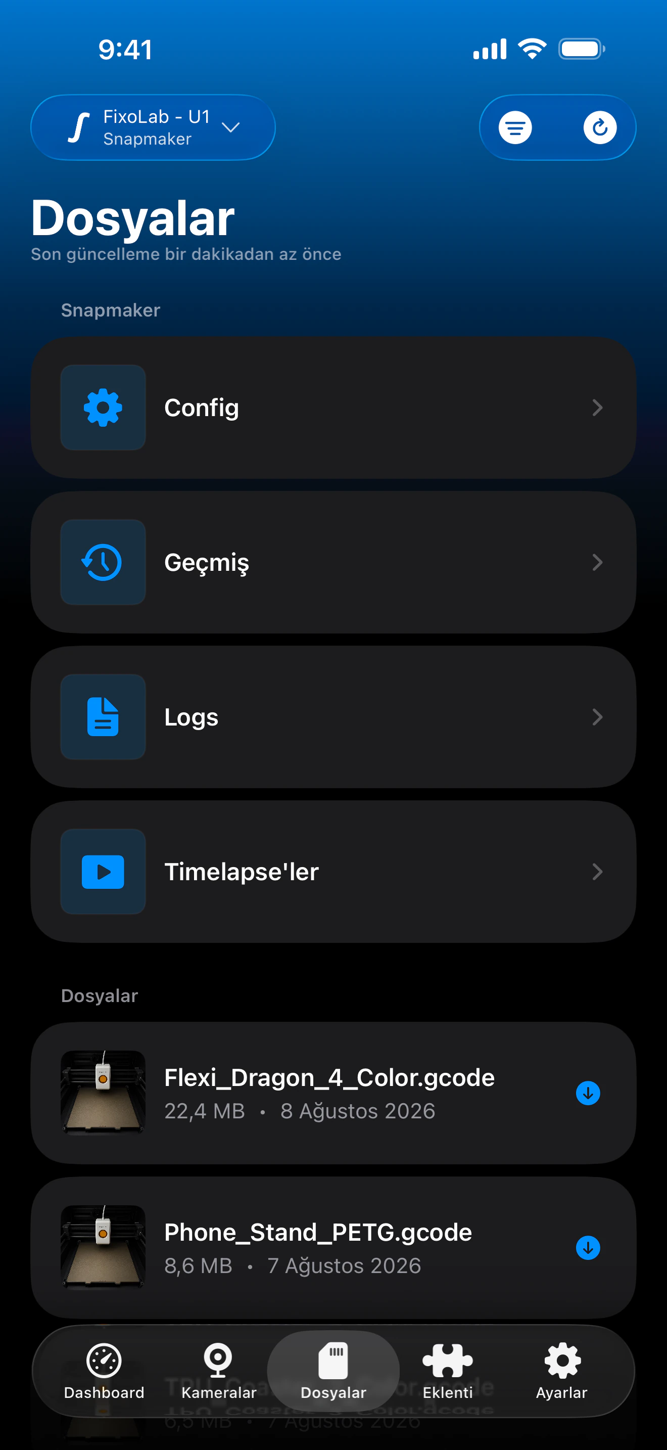 Printer Tools'ta Snapmaker U1 baskı geçmişi
