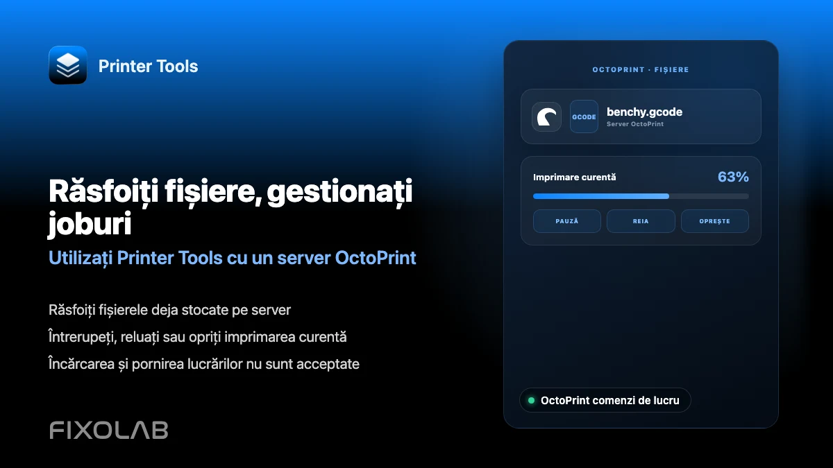 Cum răsfoiești fișierele și gestionezi lucrările OctoPrint din Printer Tools