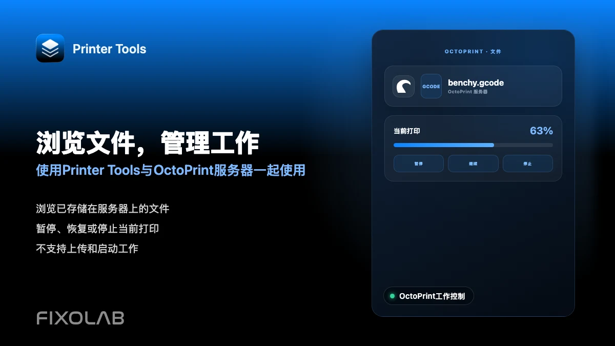 如何从 Printer Tools 浏览文件并管理 OctoPrint 作业