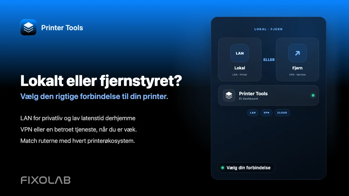 Valg mellem lokal 3D-printerstyring eller fjernadgang med VPN, OctoEverywhere, Obico og cloud