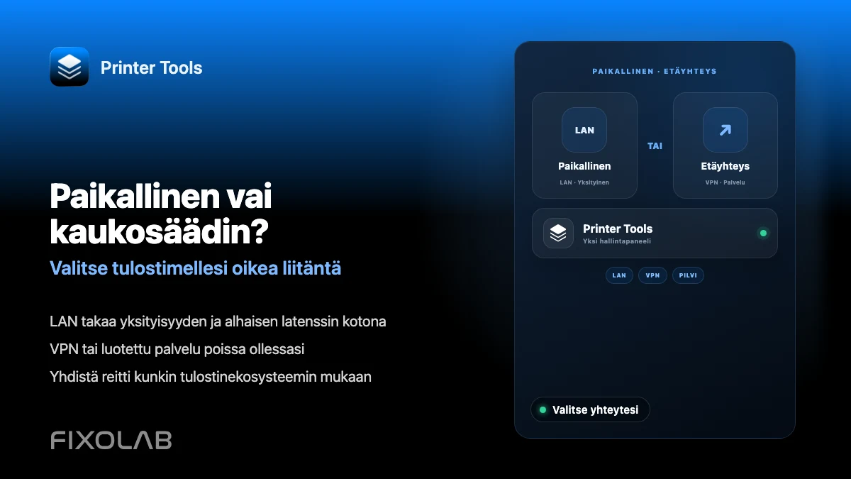 Paikallisen 3D-tulostimen ohjauksen tai etäkäytön valitseminen VPN:llä, OctoEverywherella, Obicolla ja pilvellä