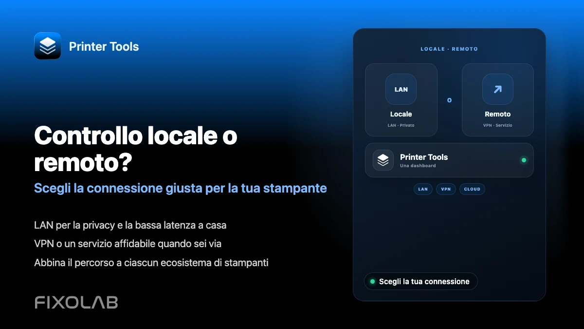 Scegliere il controllo locale della stampante 3D o l'accesso remoto con VPN, OctoEverywhere, Obico e cloud
