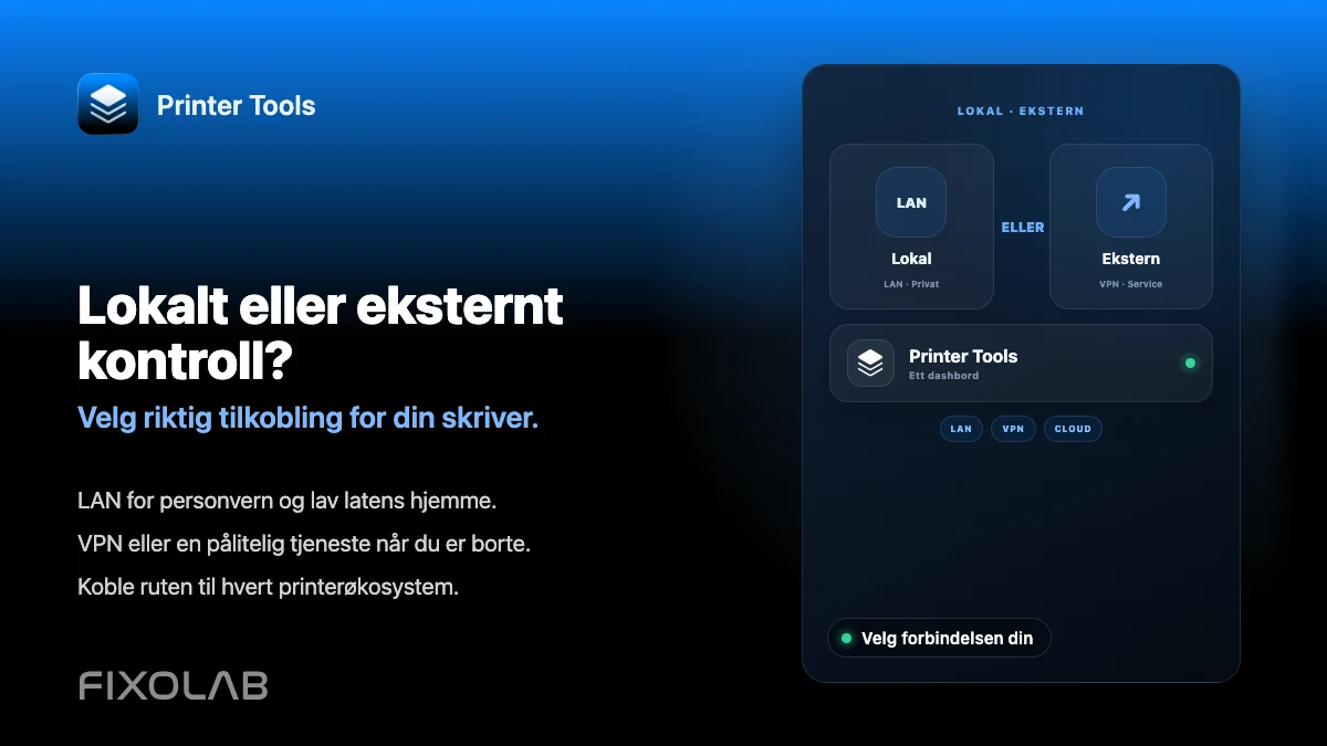 Velge lokal 3D-skriverstyring eller fjerntilgang med VPN, OctoEverywhere, Obico og sky Velge lokal 3D-skriverstyring eller fjerntilgang med VPN, OctoEverywhere, Obico og sky